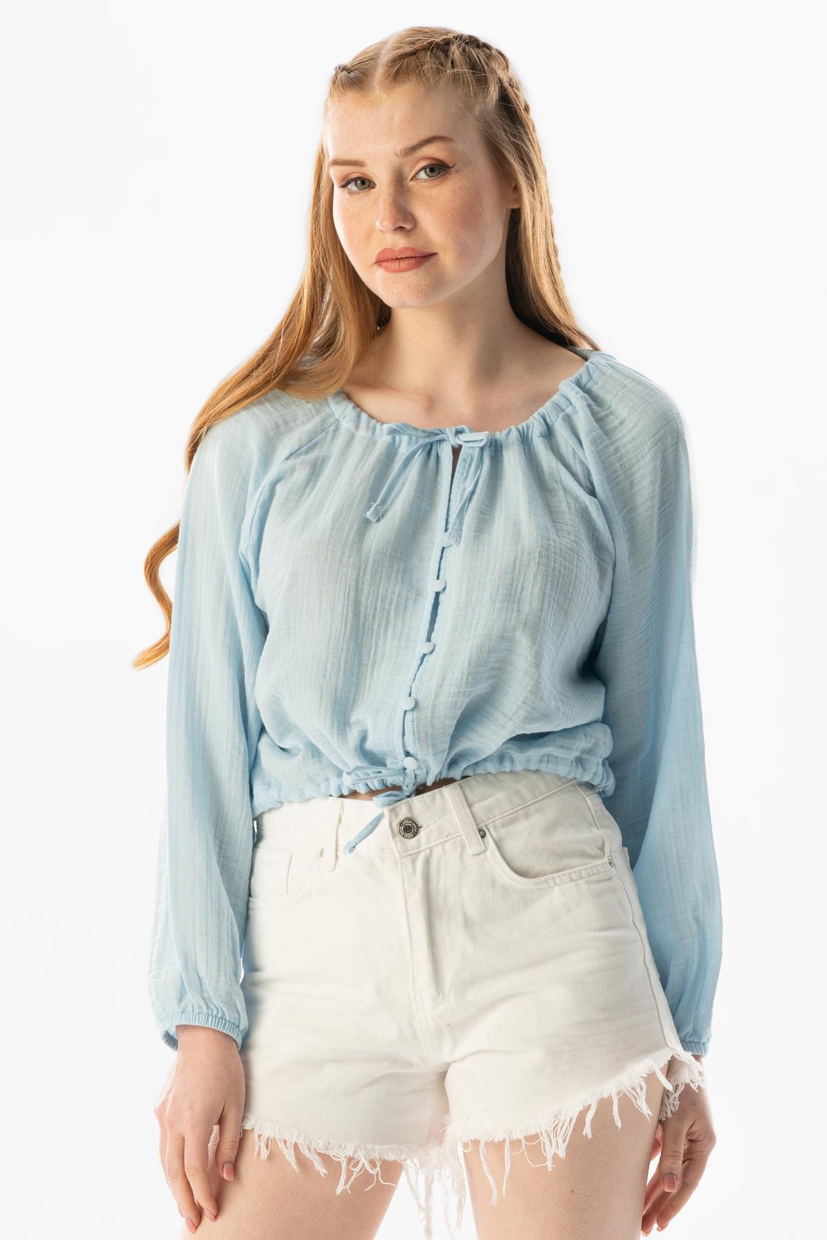 Long Sleeve Muslin Rana Ruffle Detailed Blouse Ice Blue