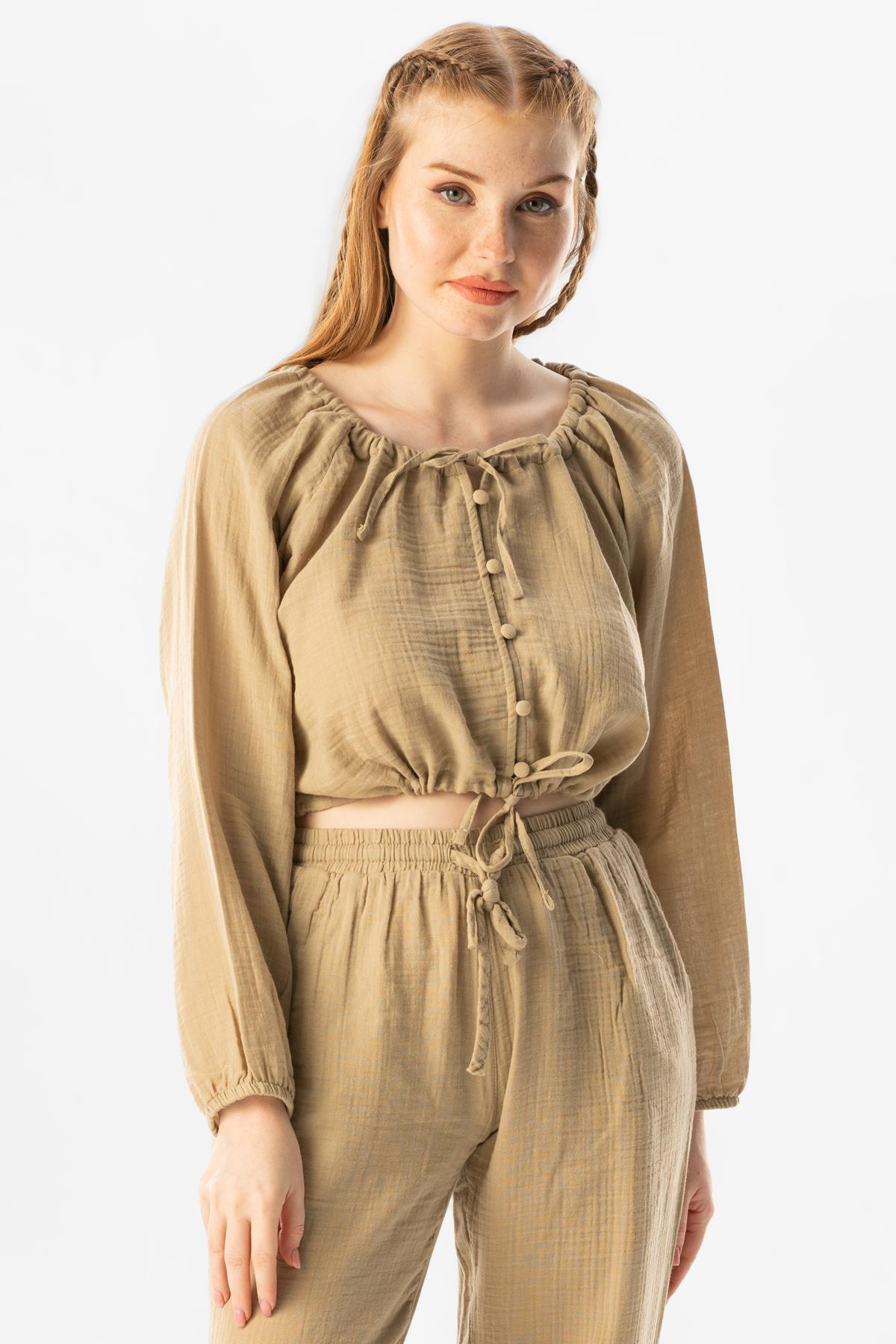 Long Sleeve Muslin Rana Ruffle Detailed Blouse Mink Color
