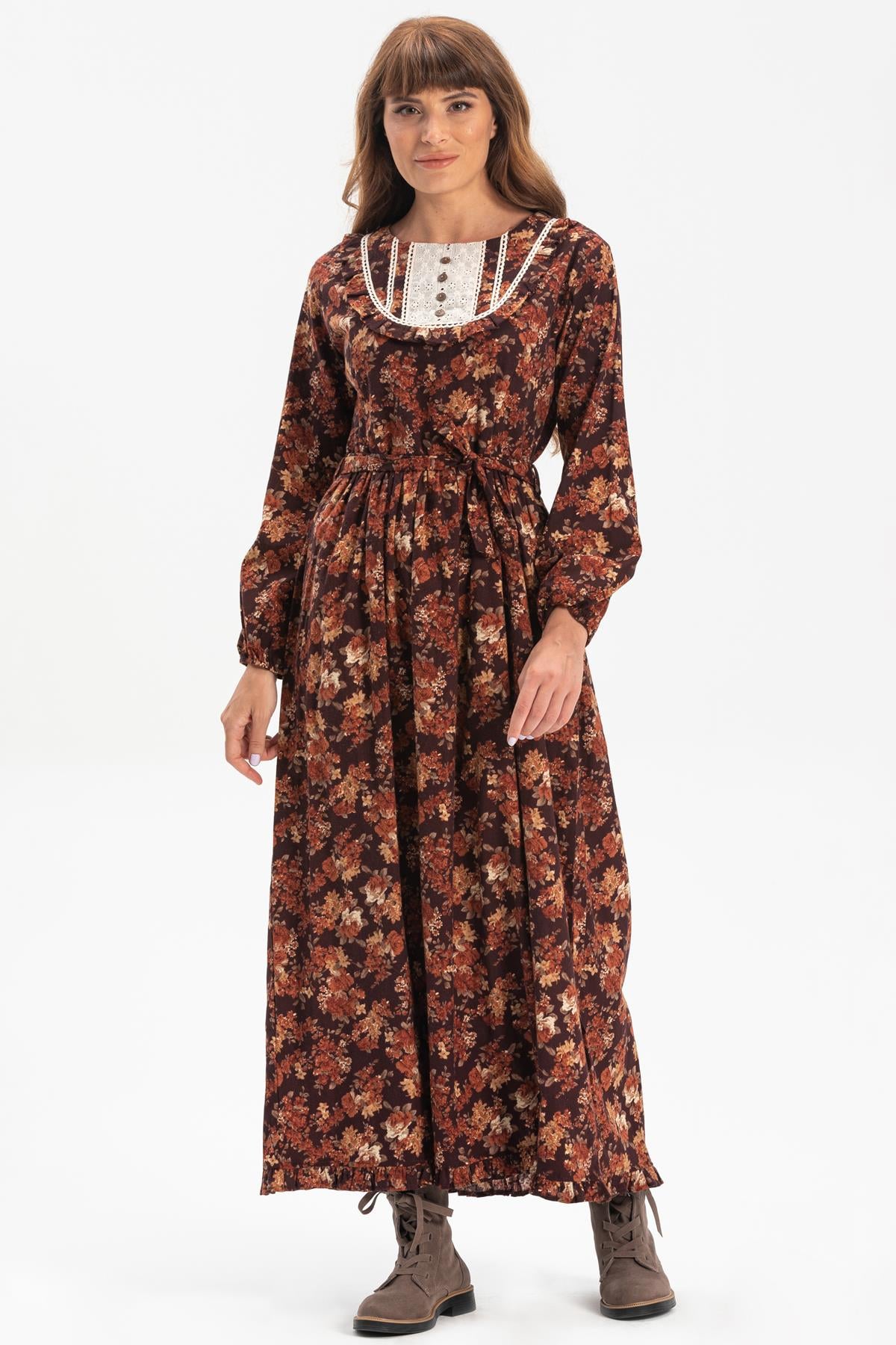 Long Sleeve Flannel Safir Long Dress Brown