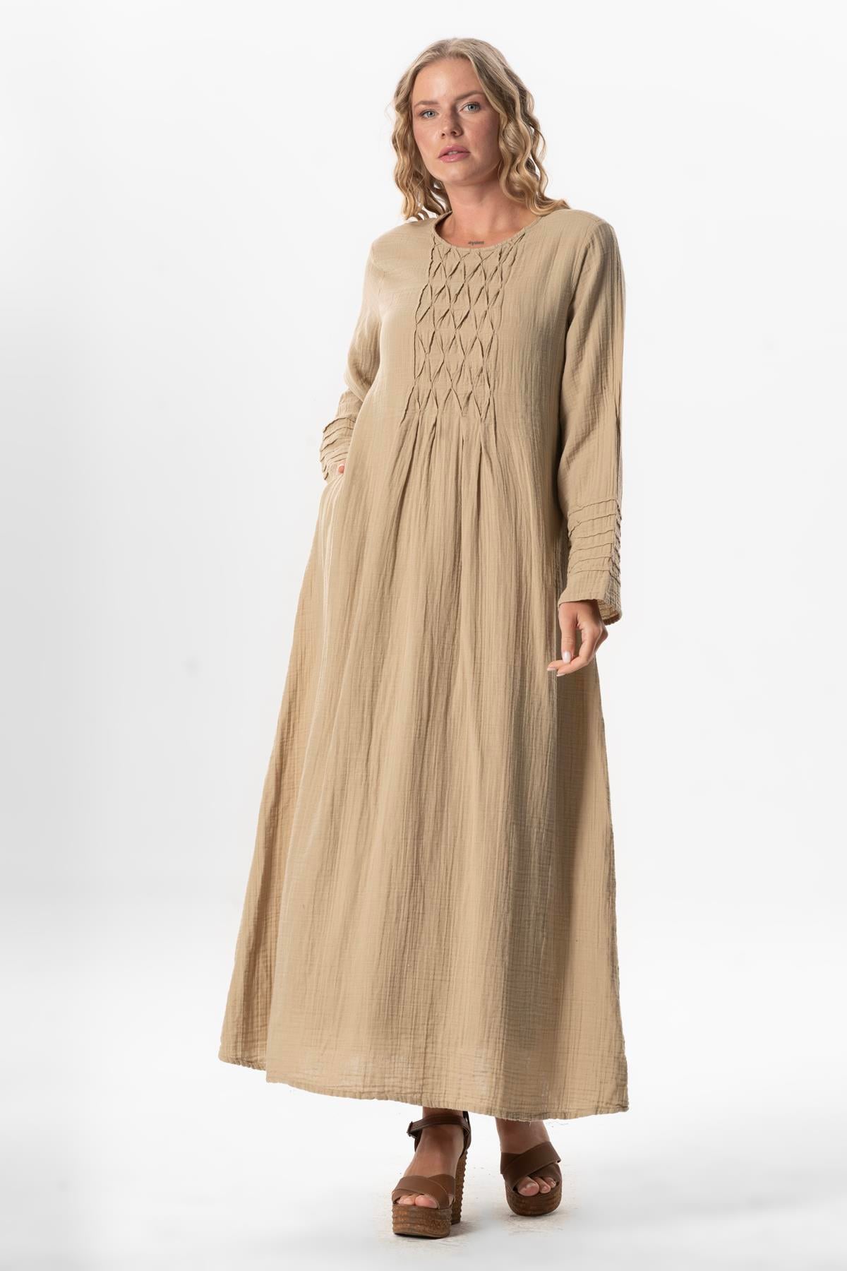 Long Sleeve Şahika Ribbed Detail Long Muslin Summer Dress Mink