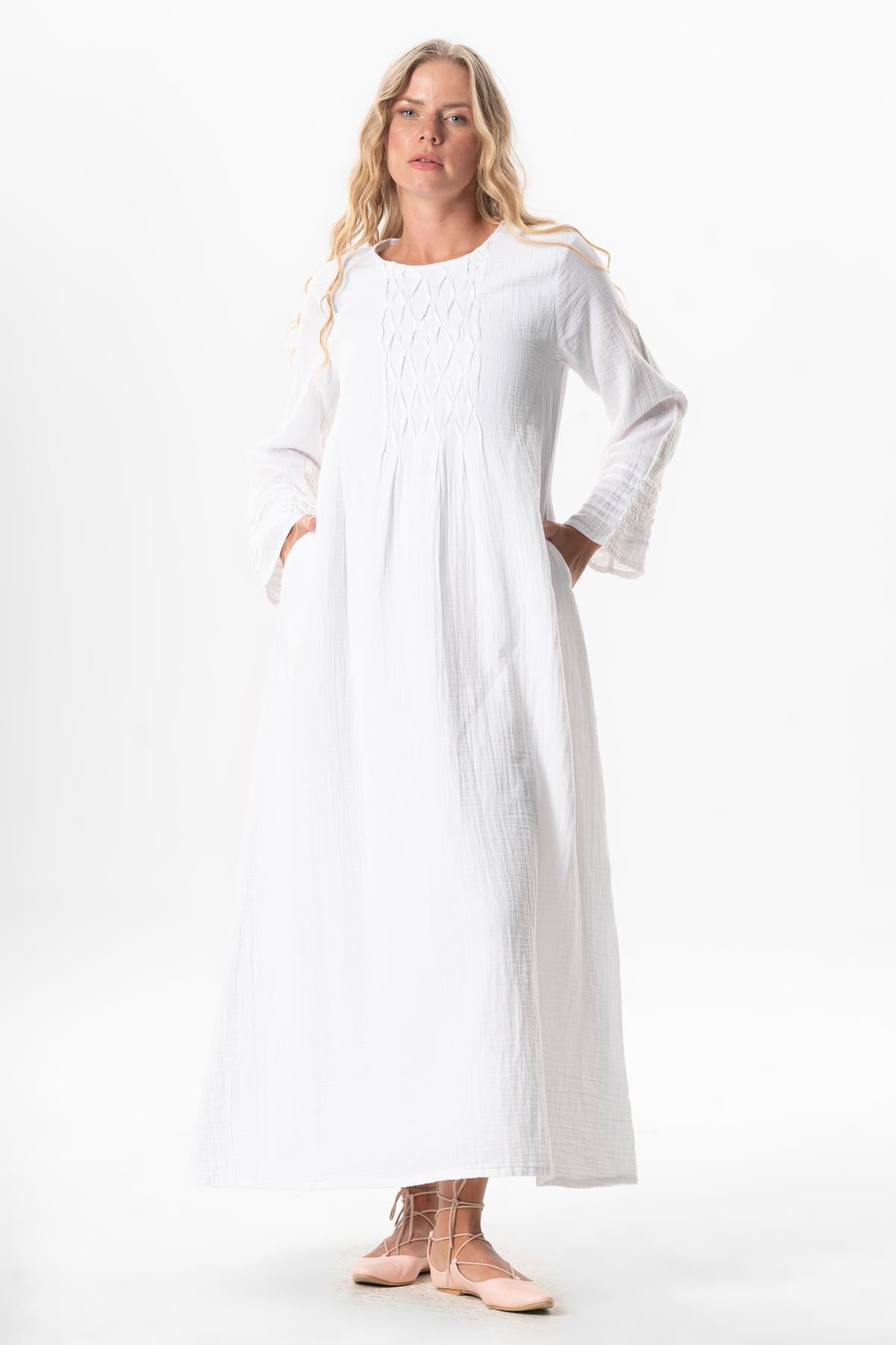 Long Sleeve Şahika Ribbed Detail Long Muslin Summer Dress White