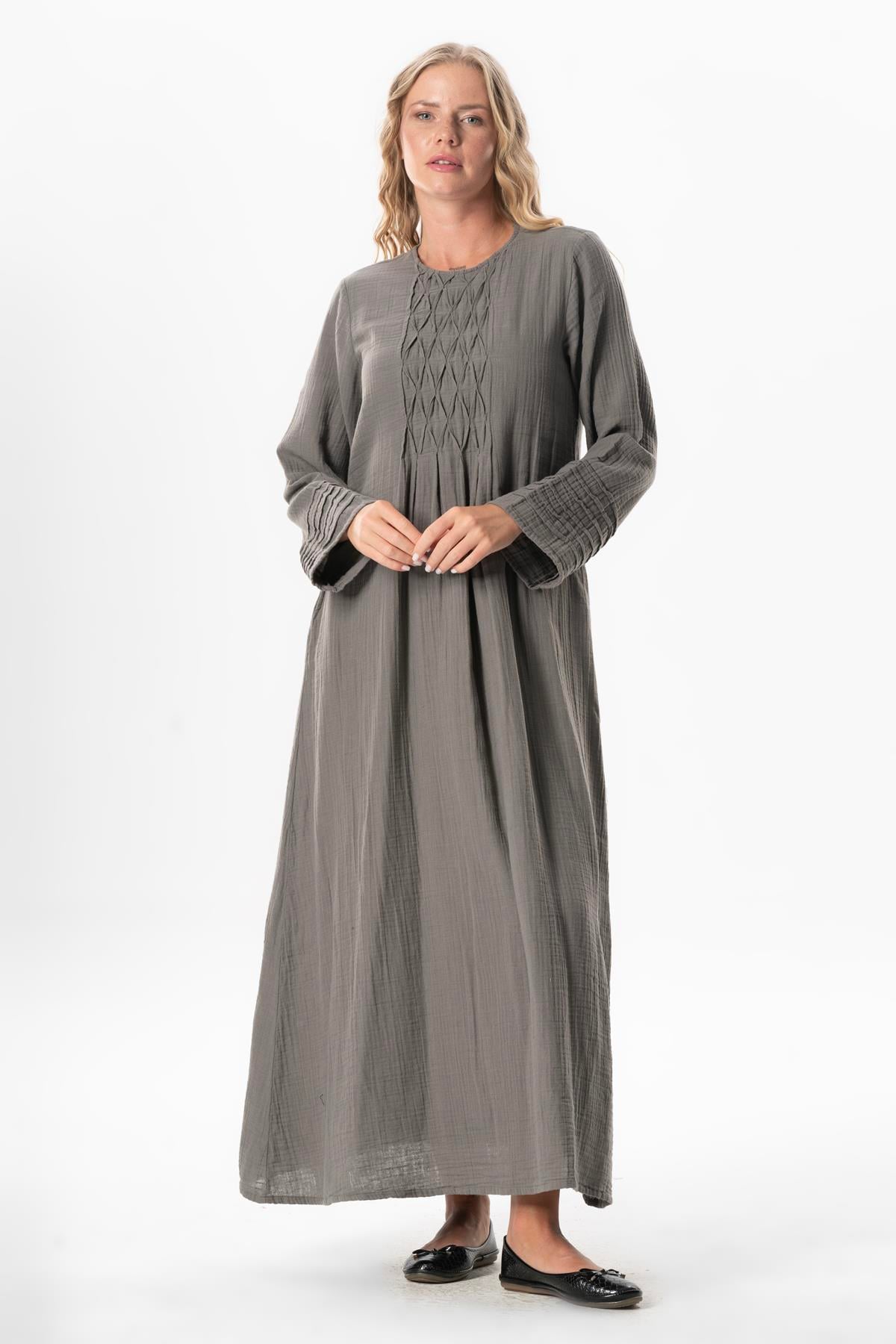 Long Sleeve Şahika Ribbed Detail Long Muslin Summer Dress Gray
