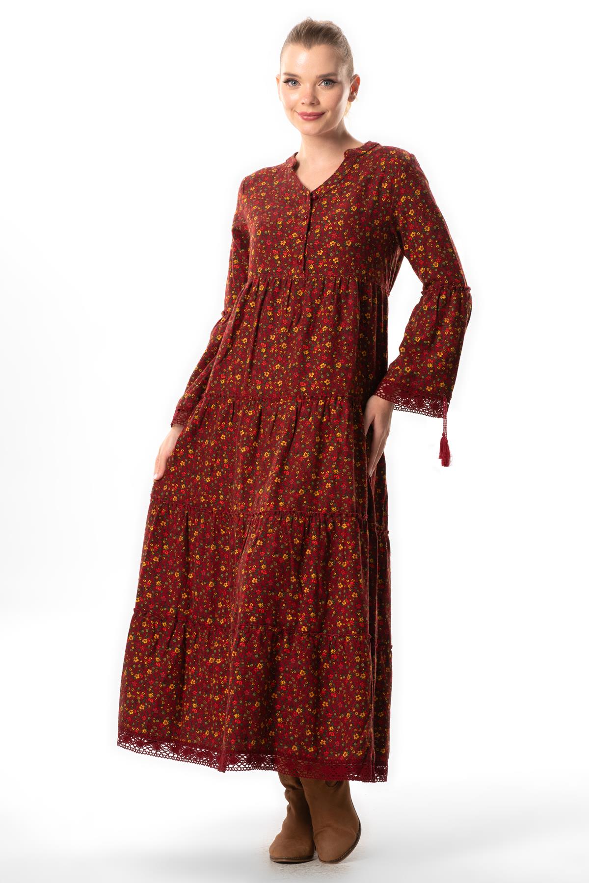 Long Sleeve Seçil Flannel Autumn and Winter Long Dress Daisy Pattern Claret Red