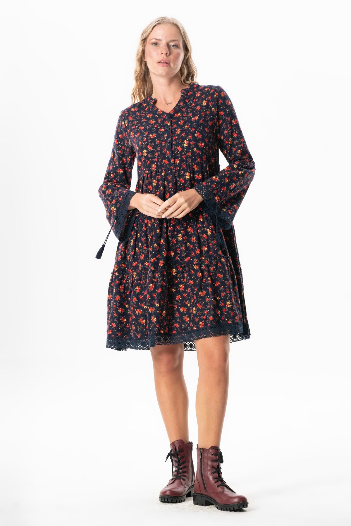 Uzun Kol Seçil Pazen Sonbahar ve Kışlık Kısa Elbise Gül Desen Lacivert Lcvt