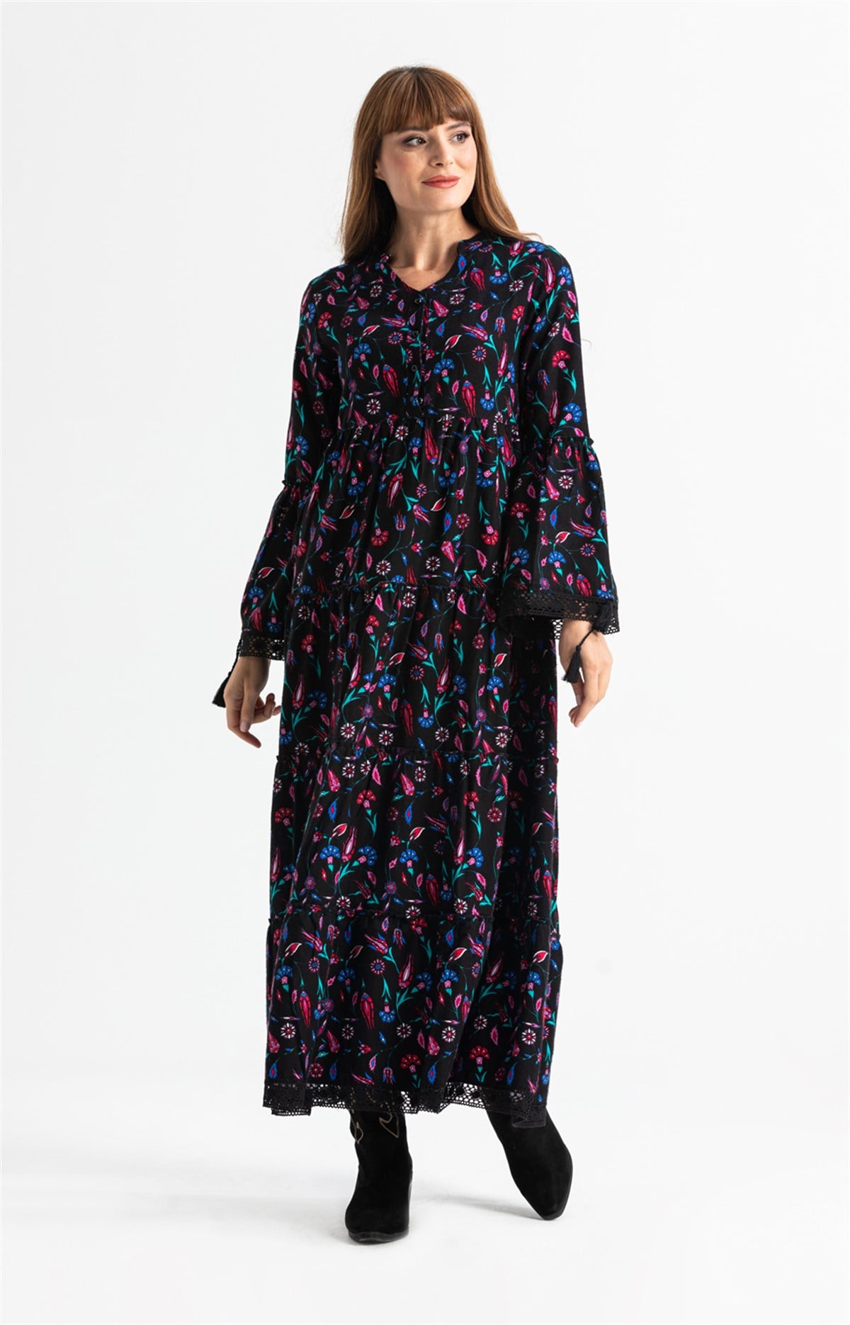 Seçil Flannel Fabric Long Dress Çini Pattern Black