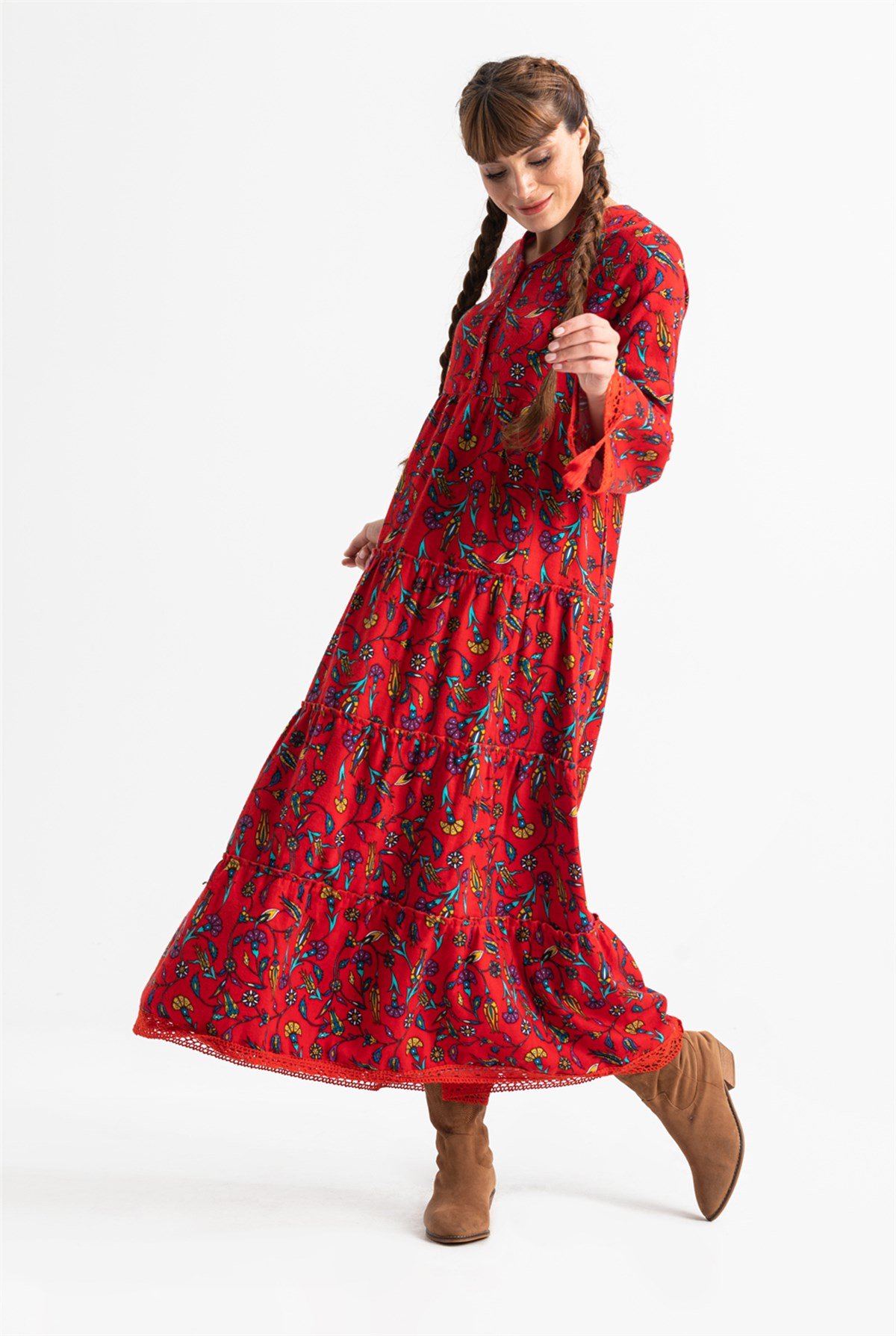 Seçil Flannel Fabric Long Dress Çini Pattern Red