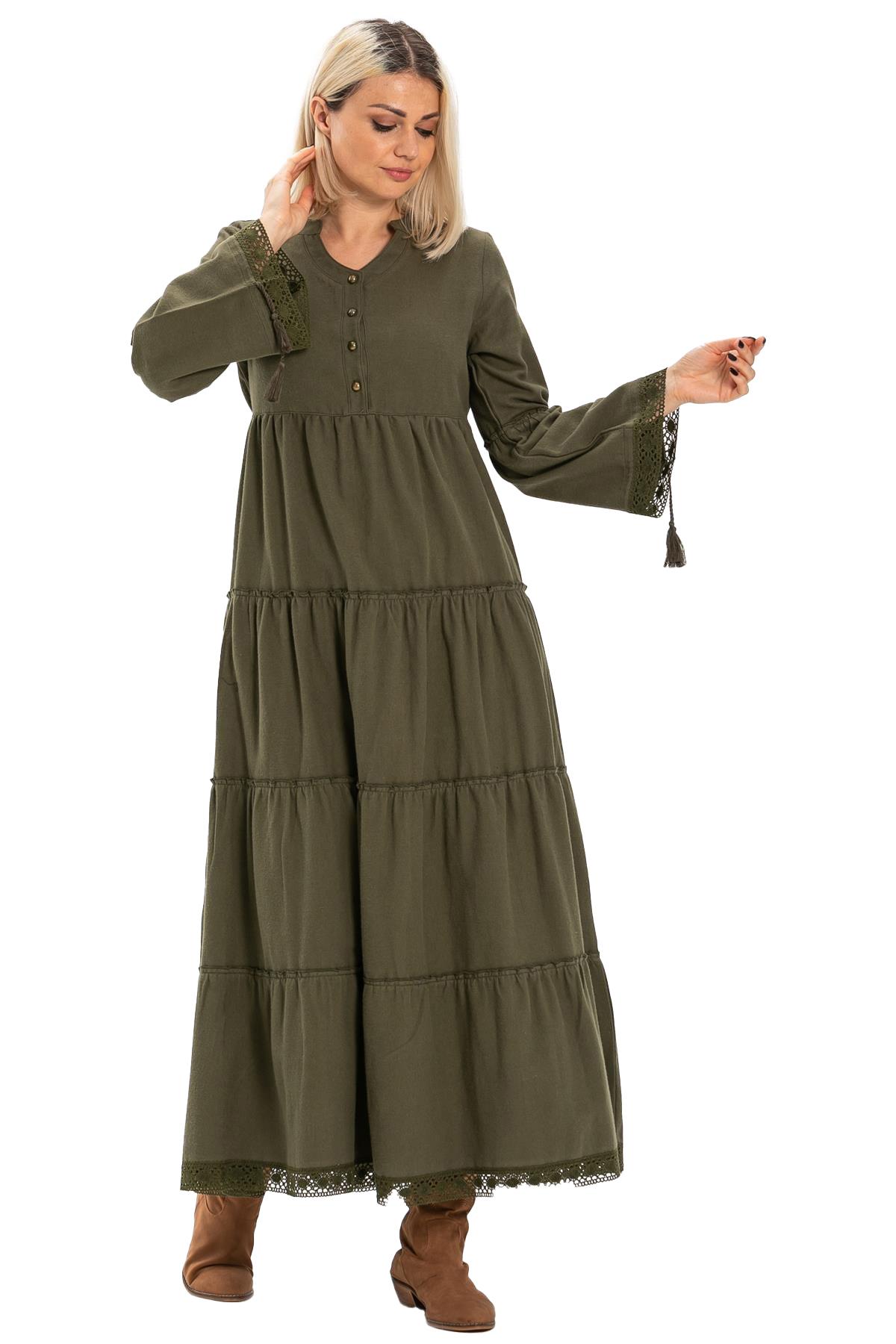 Long Sleeve Flannel Seçil Long Dress Khaki