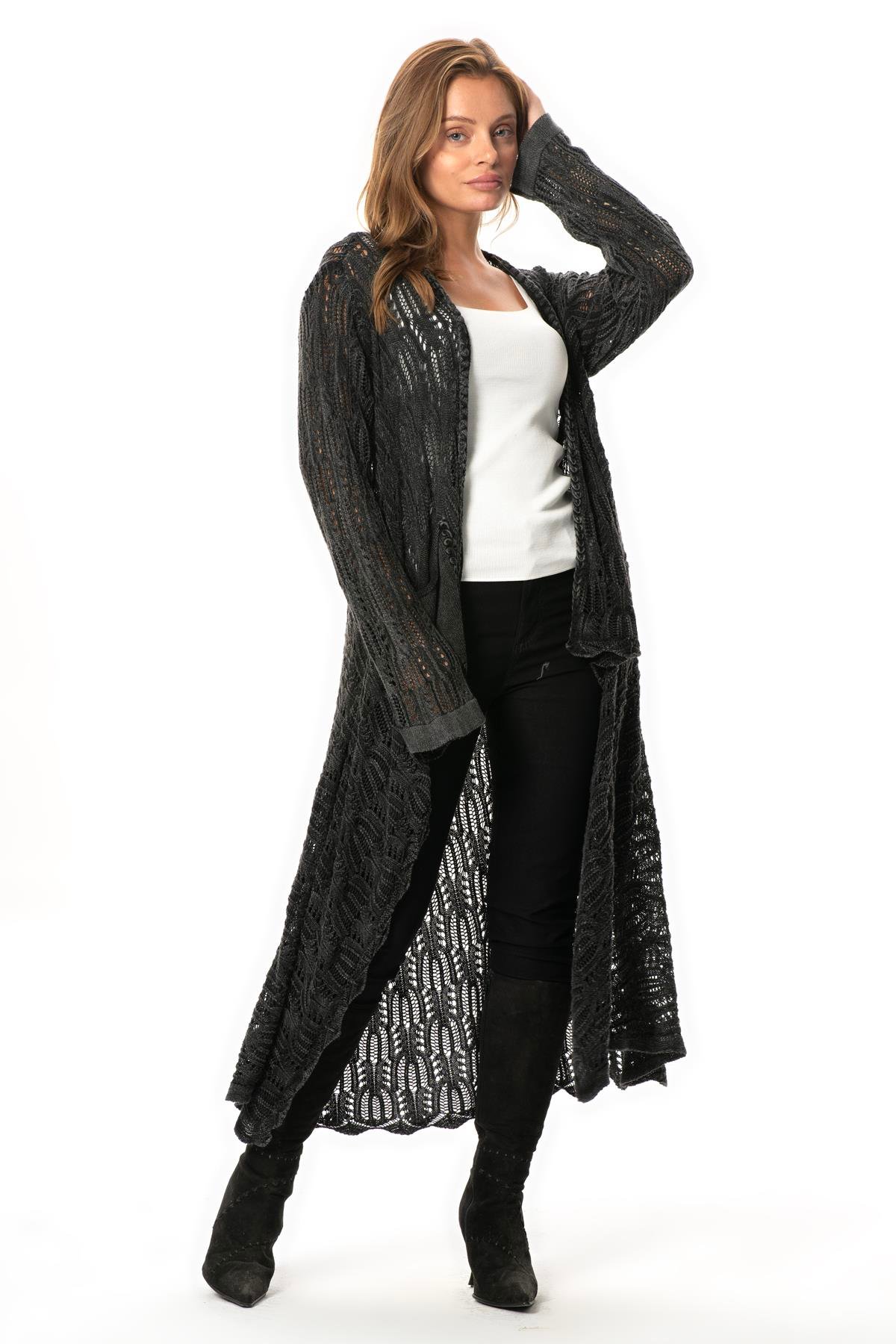 Uzun Kol Sena Asimetrik Kesim Sonbahar ve Kışlık Salaş Cepli Triko Hırka Füme Fm