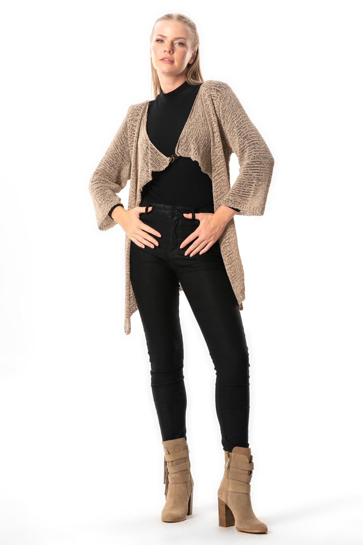 Long Sleeve Serenay Asymmetrical Tie Detailed Autumn Winter Sweater Cardigan Mink