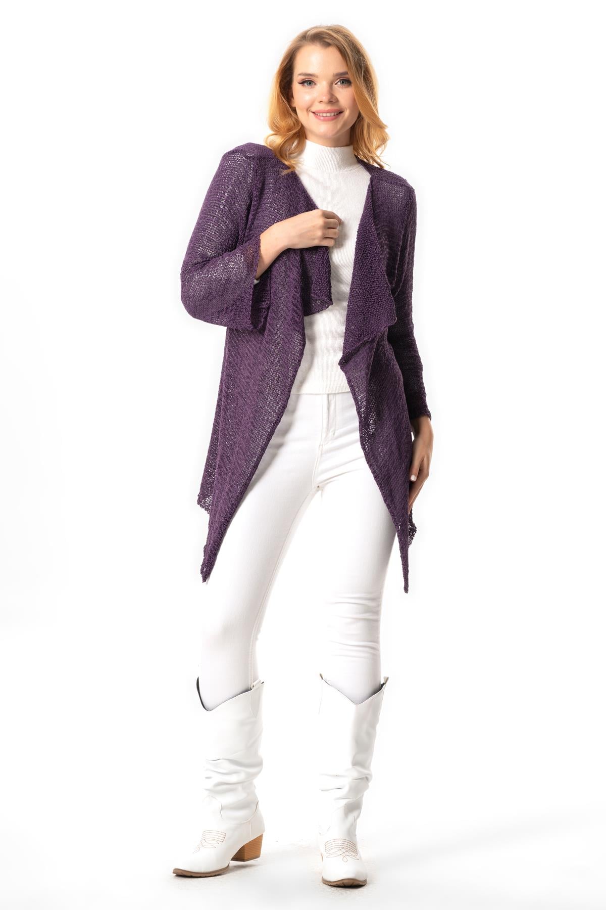 Long Sleeve Serenay Asymmetrical Tie Detailed Autumn Winter Sweater Cardigan Purple