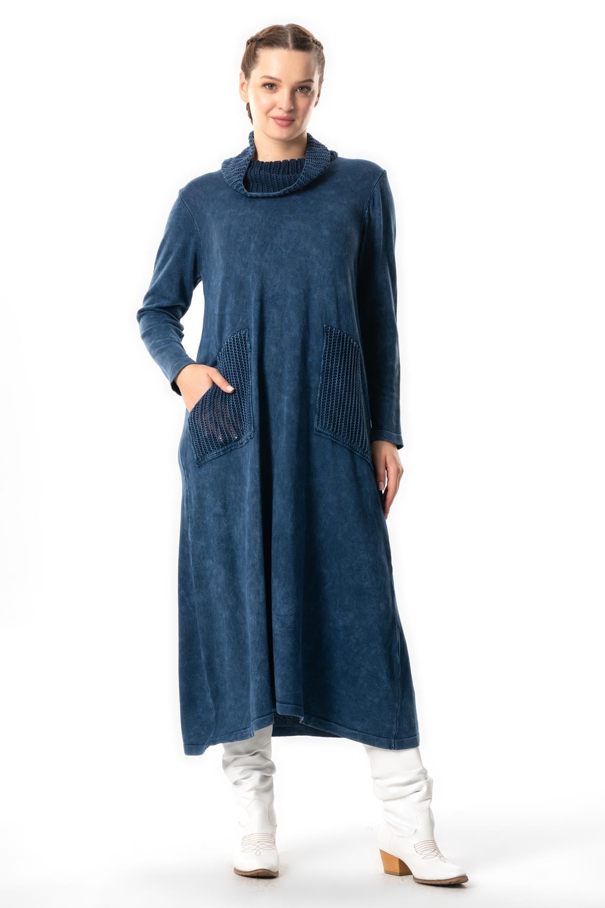 Long Sleeve Sevda Wide Turtleneck Fall and Winter Pocket Sweater Dress Indigo