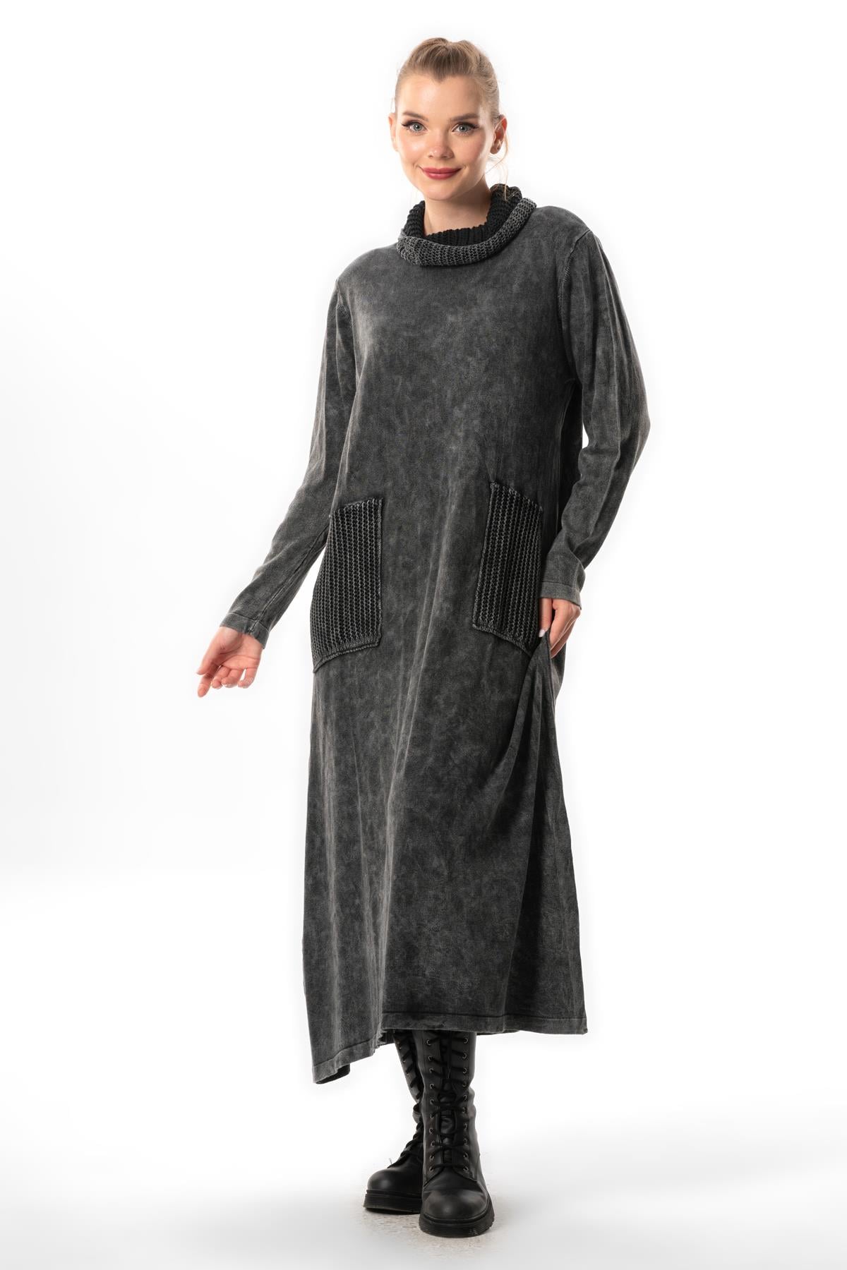 Long Sleeve Sevda Wide Turtleneck Autumn and Winter Pocket Sweater Dress Smoked 
