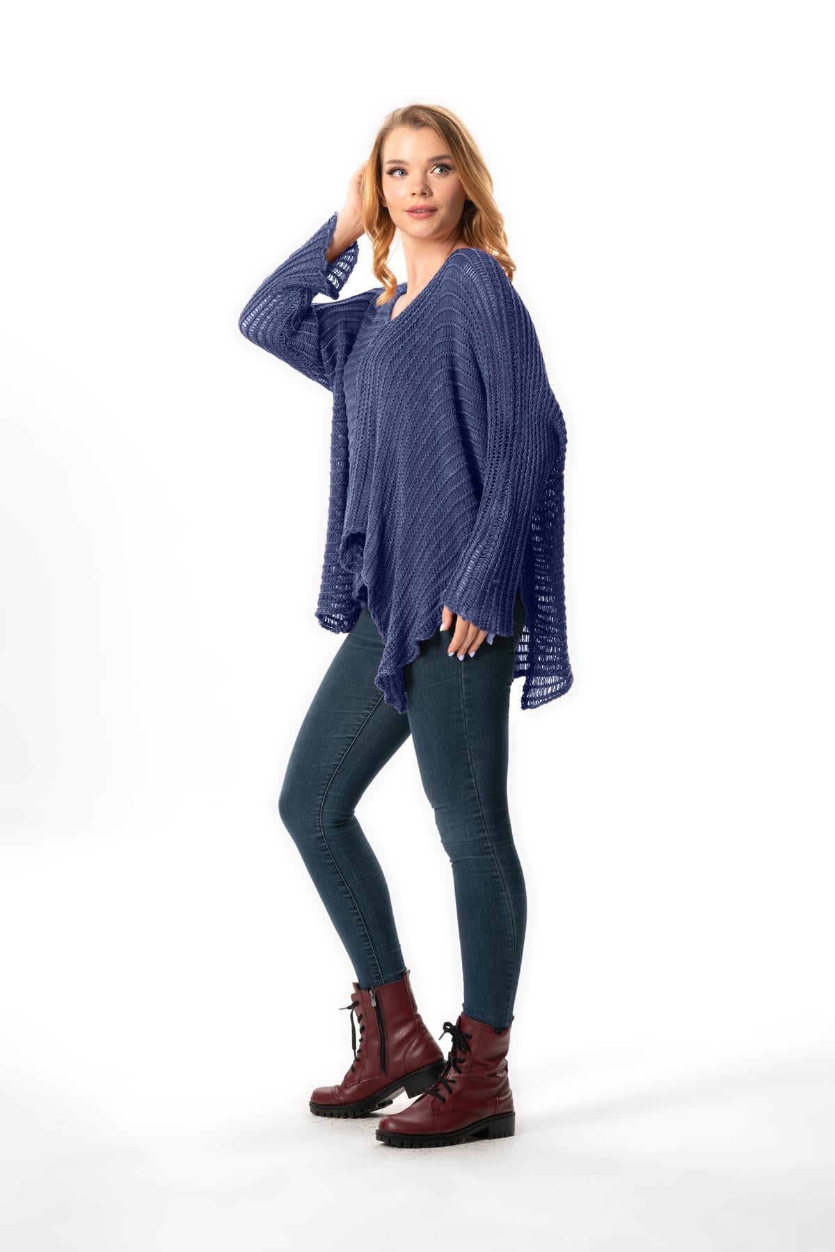 Long Sleeve Şevval Wide Collar Openwork Autumn and Winter Shabby Authentic Sweater Blouse Indigo