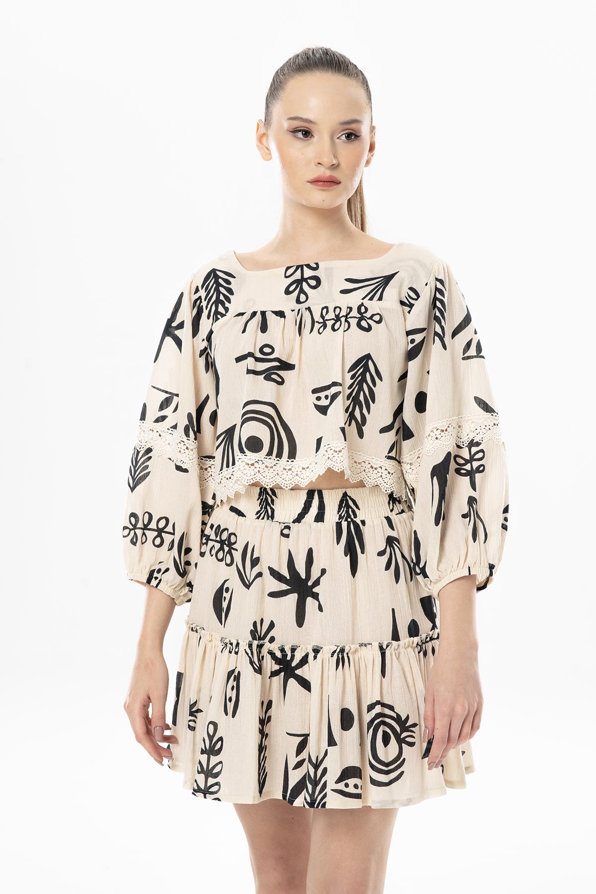 Uzun Kol Şile Bezi Akyaka Güpür Detay Yazlık Otantik Crop Bluz Krem Krm