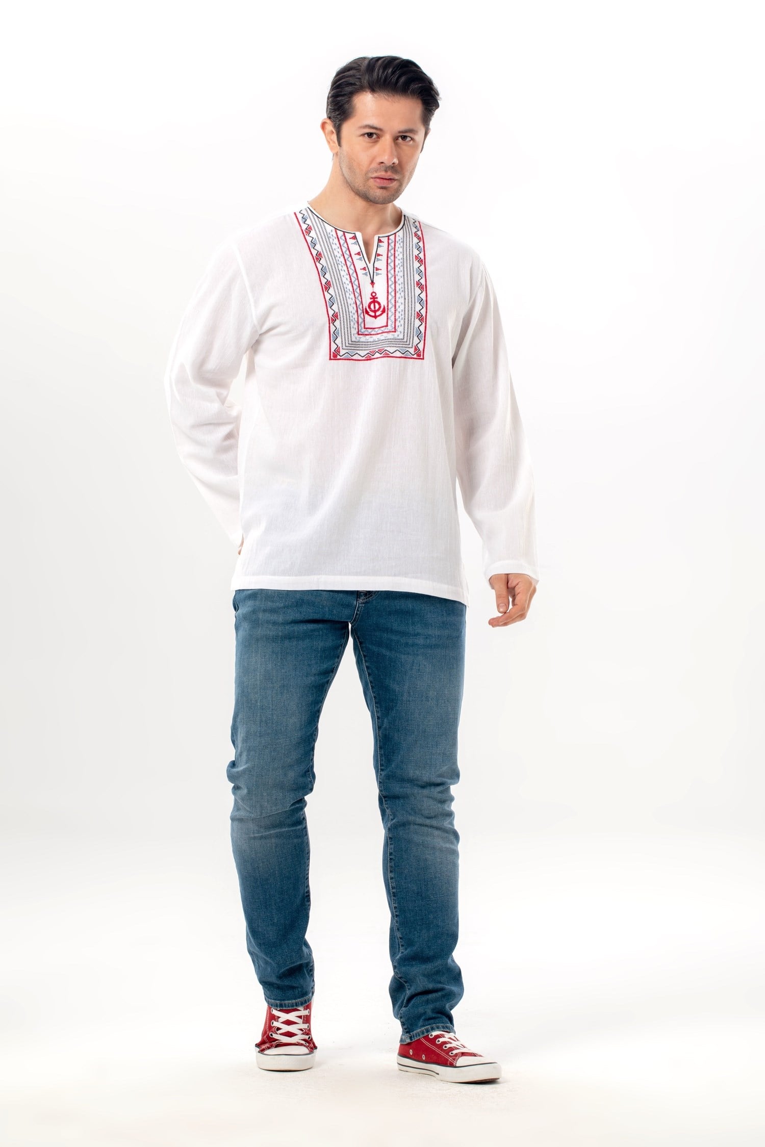 Uzun Kol Şile Bezi Bisiklet Yaka Bahriyeli Erkek Yazlık T-shirt Beyaz 3001