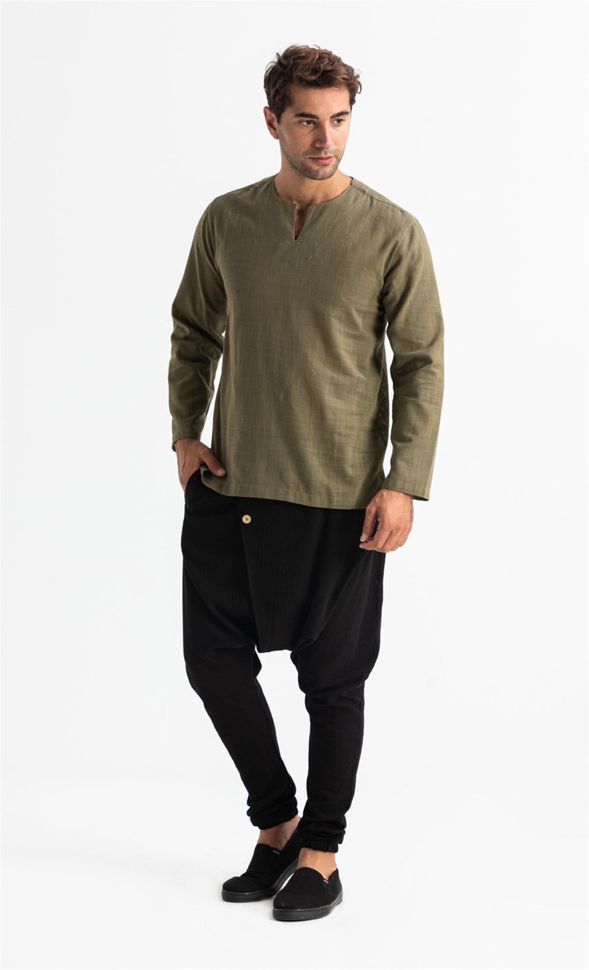 Long Arm Sile Fabric Bicycle Collar Men TShirt Khaki