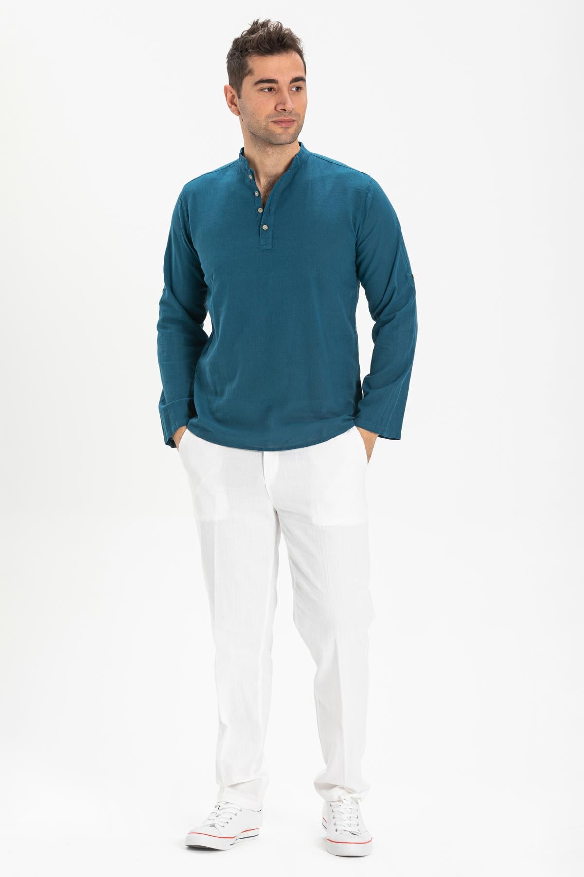 Long Sleeve Şile Fabric Bodrum Men's T-Shirt Petrol 9005