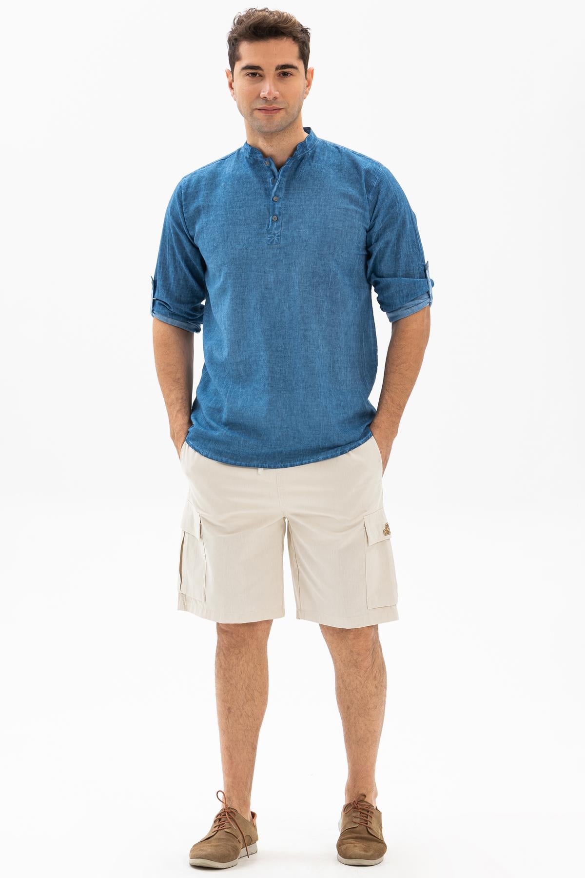 Long Sleeve Şile Fabric Bodrum Men's T-Shirt Jeans Blue 9011