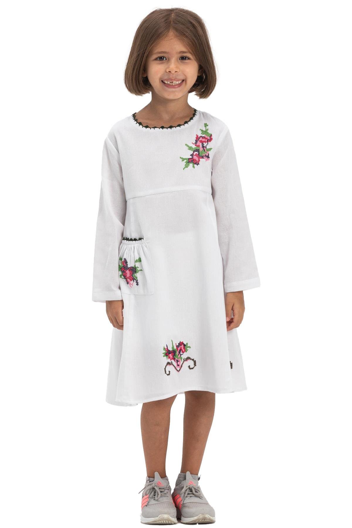 Uzun Kol Şile Bezi Burçak Çocuk Elbise Beyaz Byz