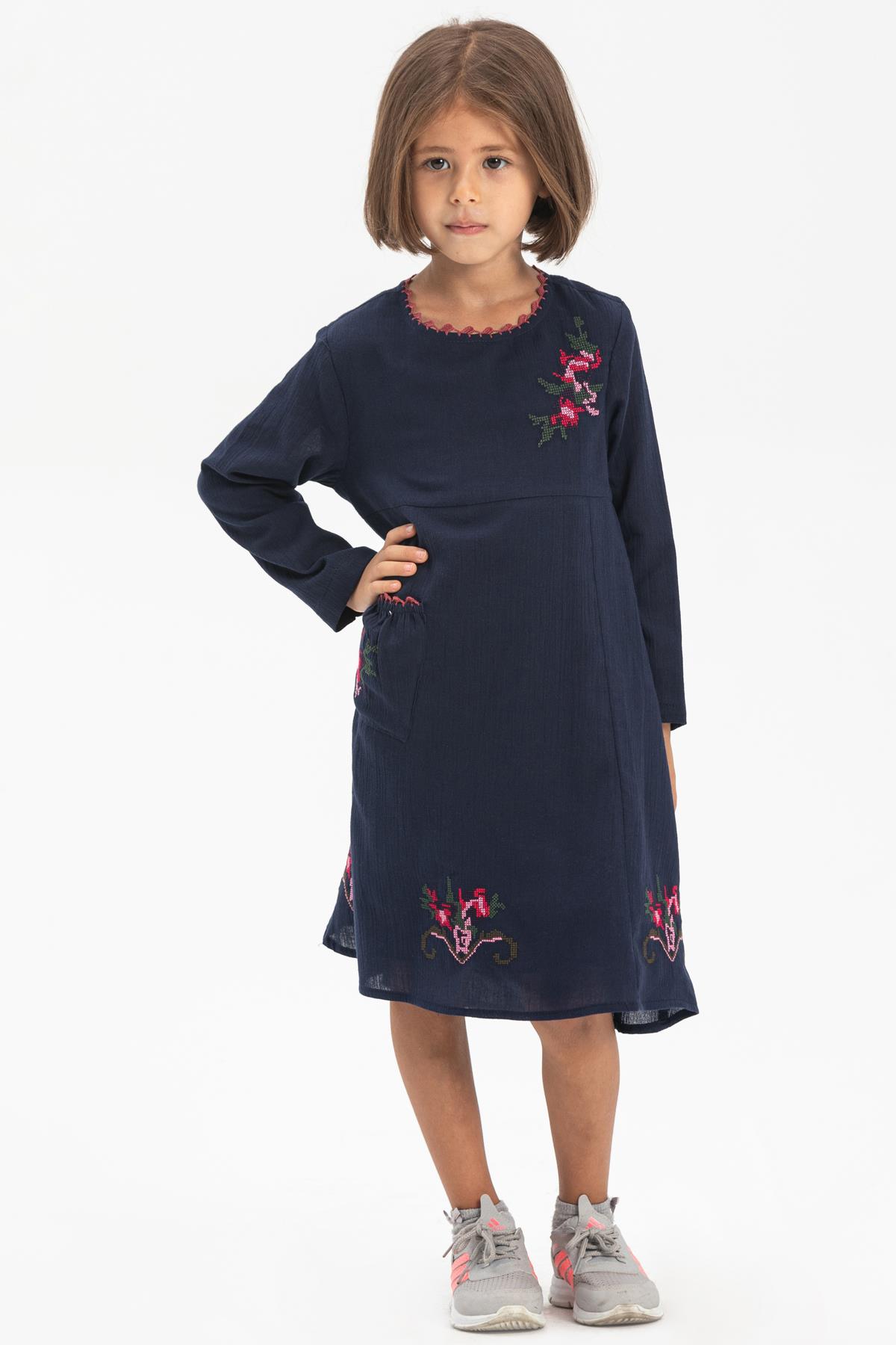 Long Sleeve Şile Fabric Burçak Kid's Dress Navy Blue