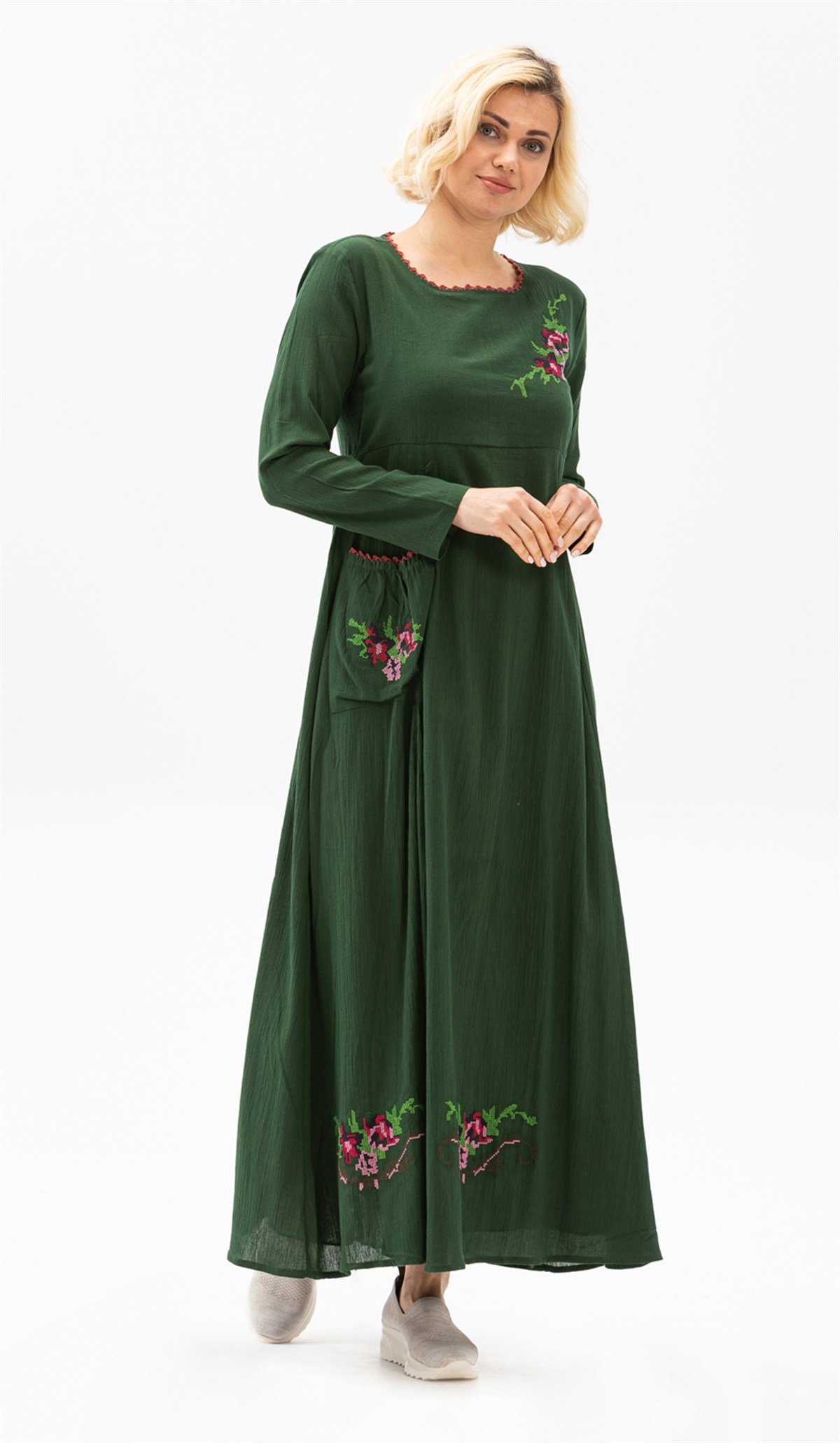 Uzun Kol Şile Bezi Burçak Uzun Tesettür Elbise Yeşil | silemoda.com