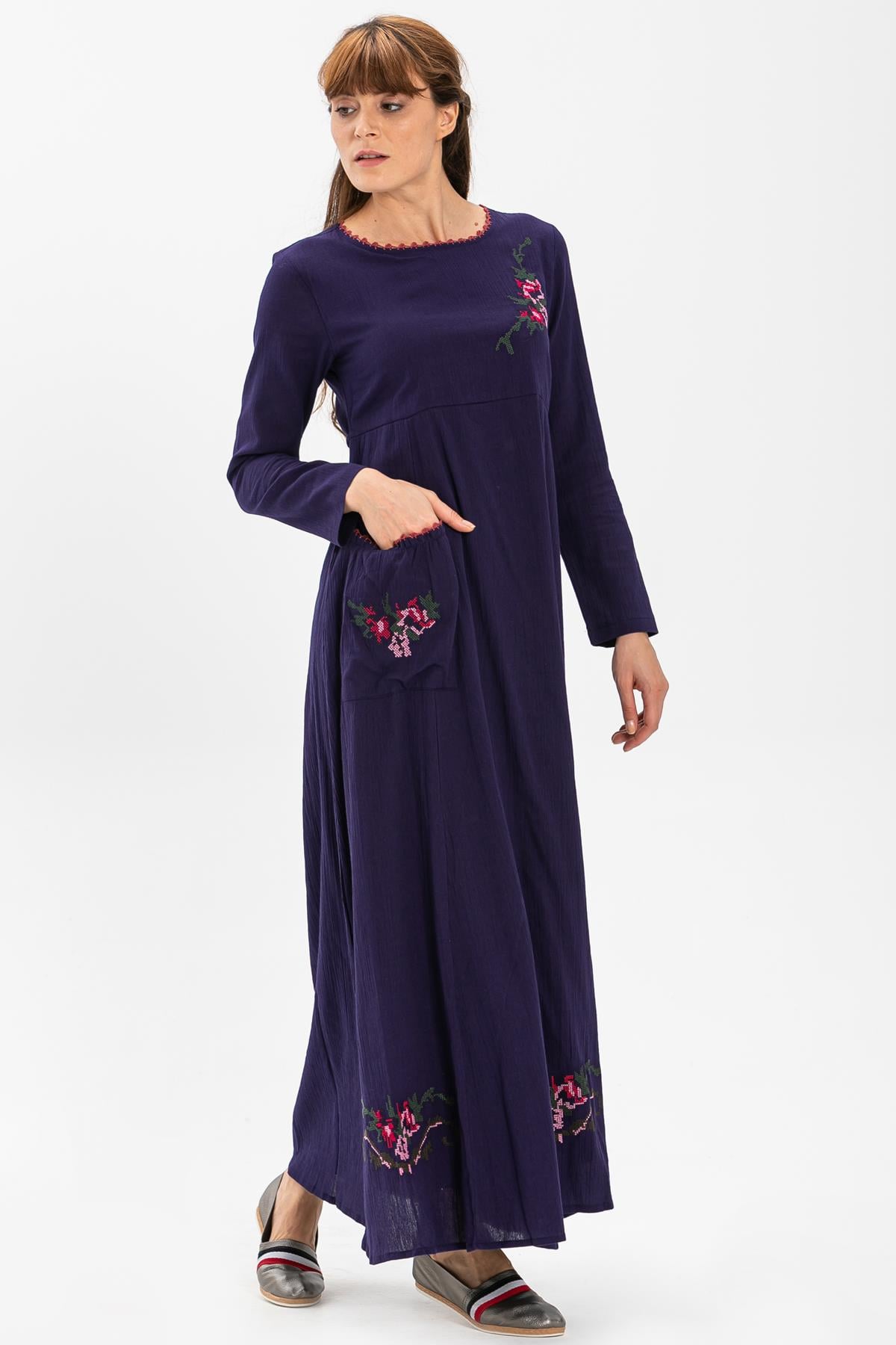 Long Sleeve Şile Fabric Burçak Long Dress Purple