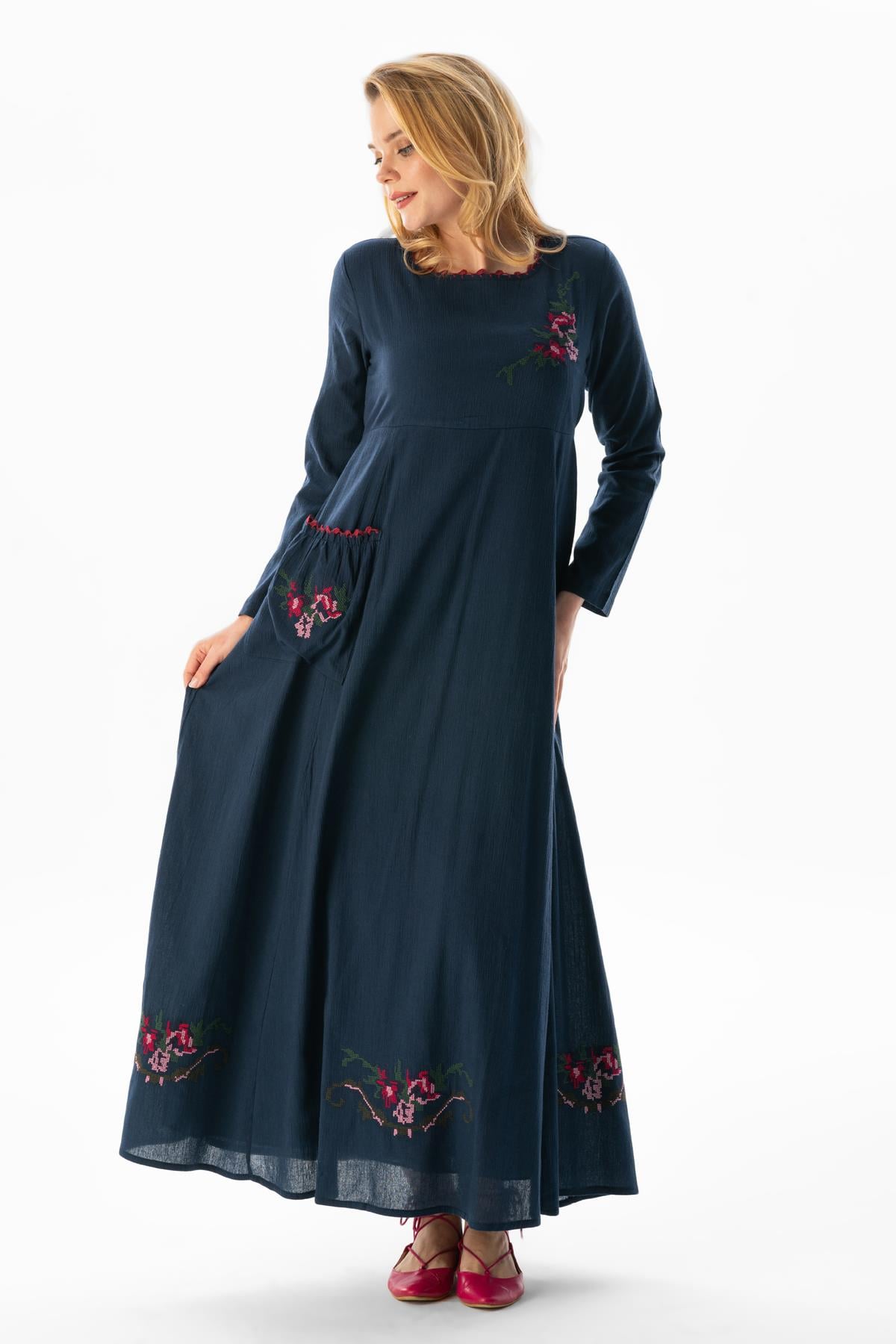 Long Sleeve Şile Fabric Burçak Long Dress Navy Blue