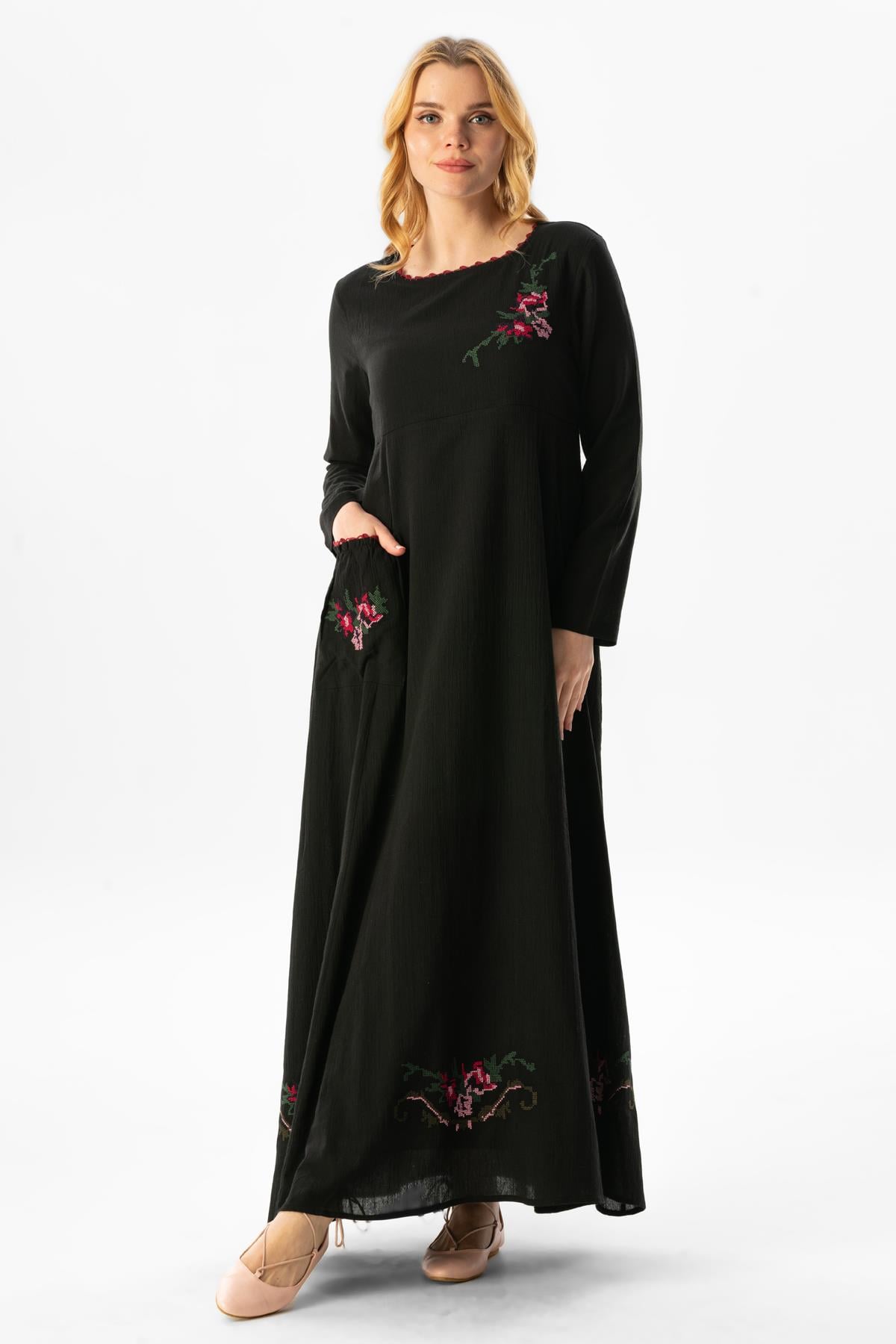 Long Sleeve Sile Fabric Burçak Long Dress Black