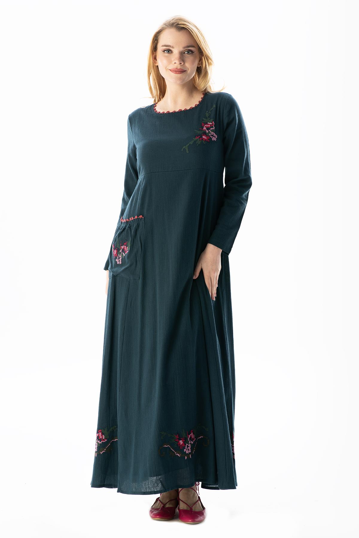 Long Sleeve Şile Fabric Burçak Long Dress Petrol
