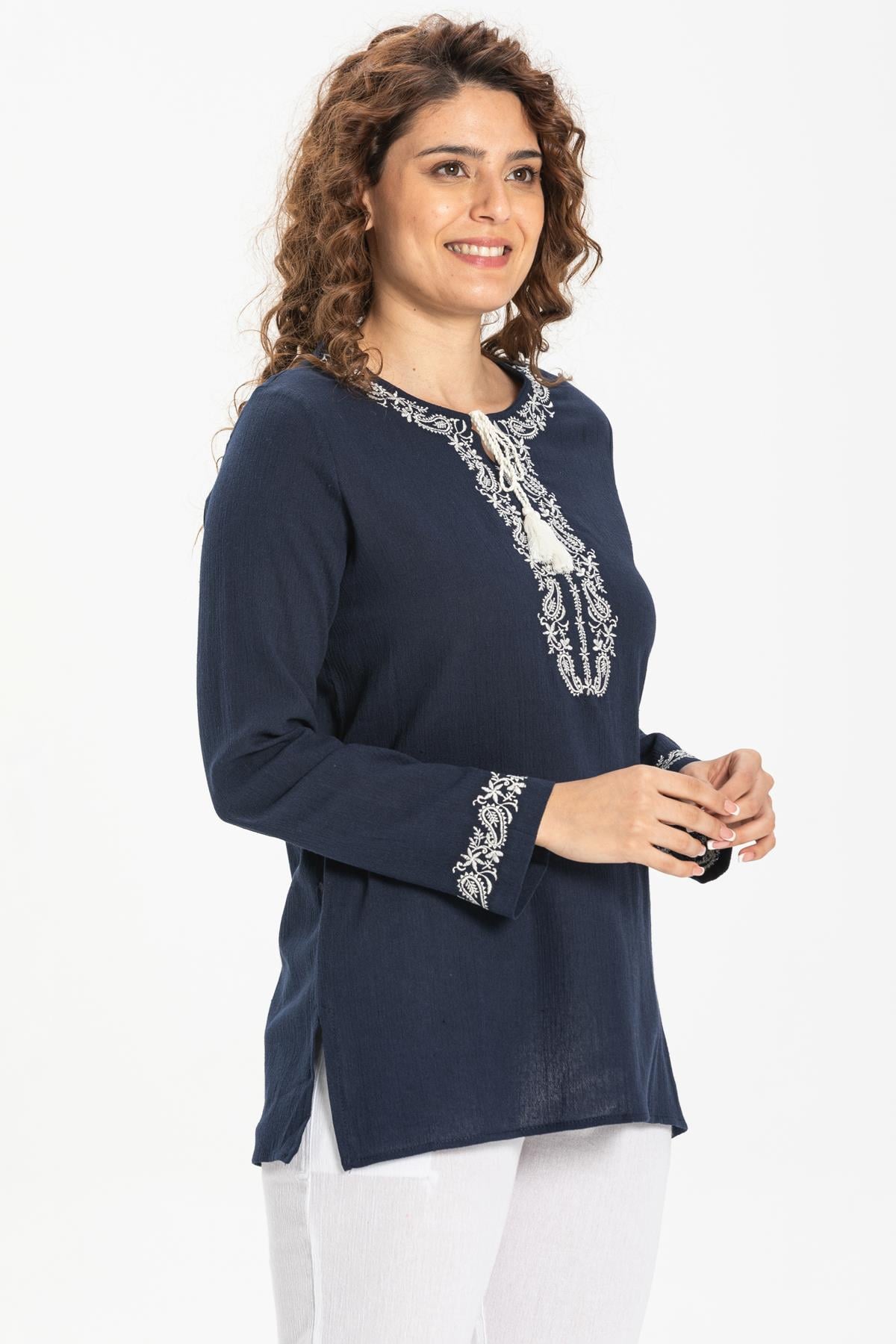 Uzun Kol Şile Bezi Feride Bluz Lacivert Lcvt