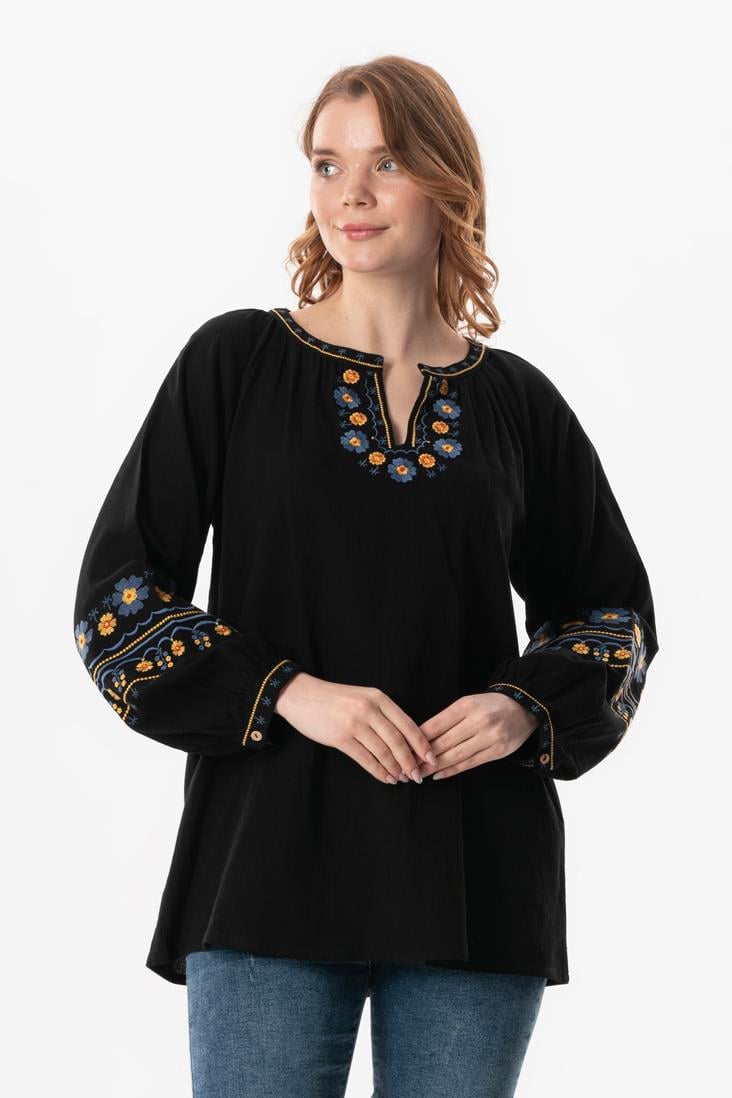 Long Sleeve Sile Cloth Gülruh V-Neck Embroidered Blouse Black