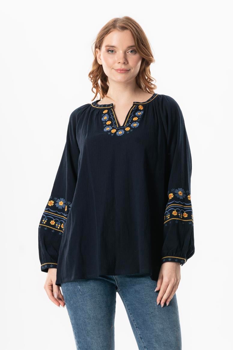 Long Sleeve Sile Cloth Gülruh V-Neck Embroidered Blouse Dark Blue