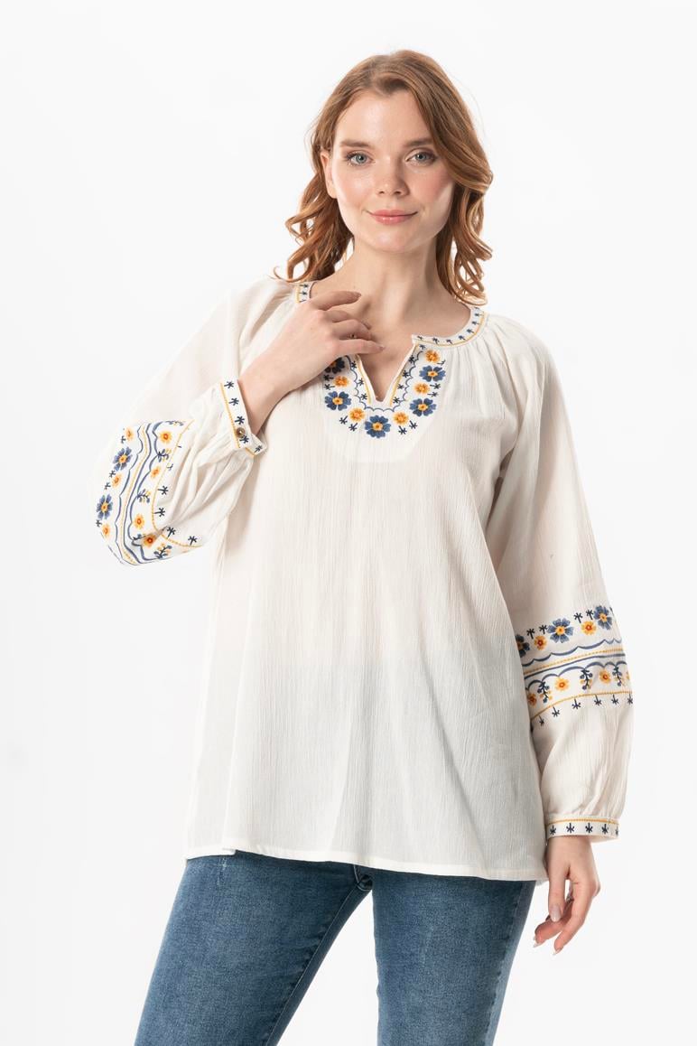 Long Sleeve Sile Cloth Gülruh V-Neck Embroidered Blouse Cream