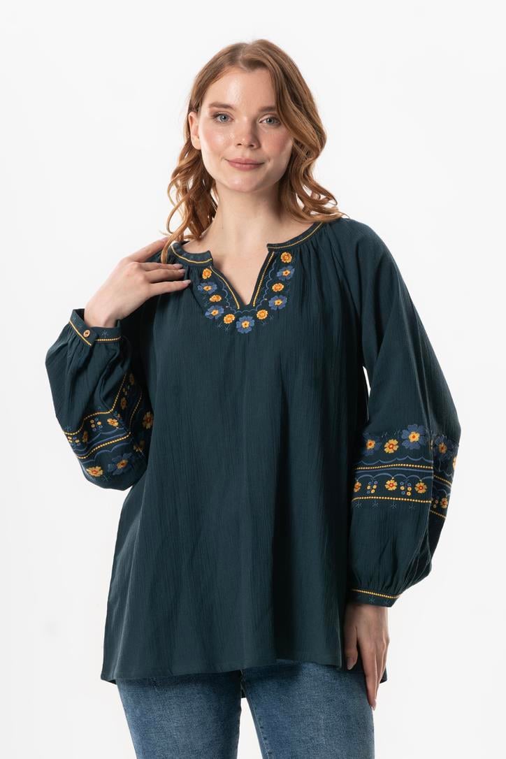 Long Sleeve Sile Cloth Gülruh V-Neck Embroidered Blouse Oil