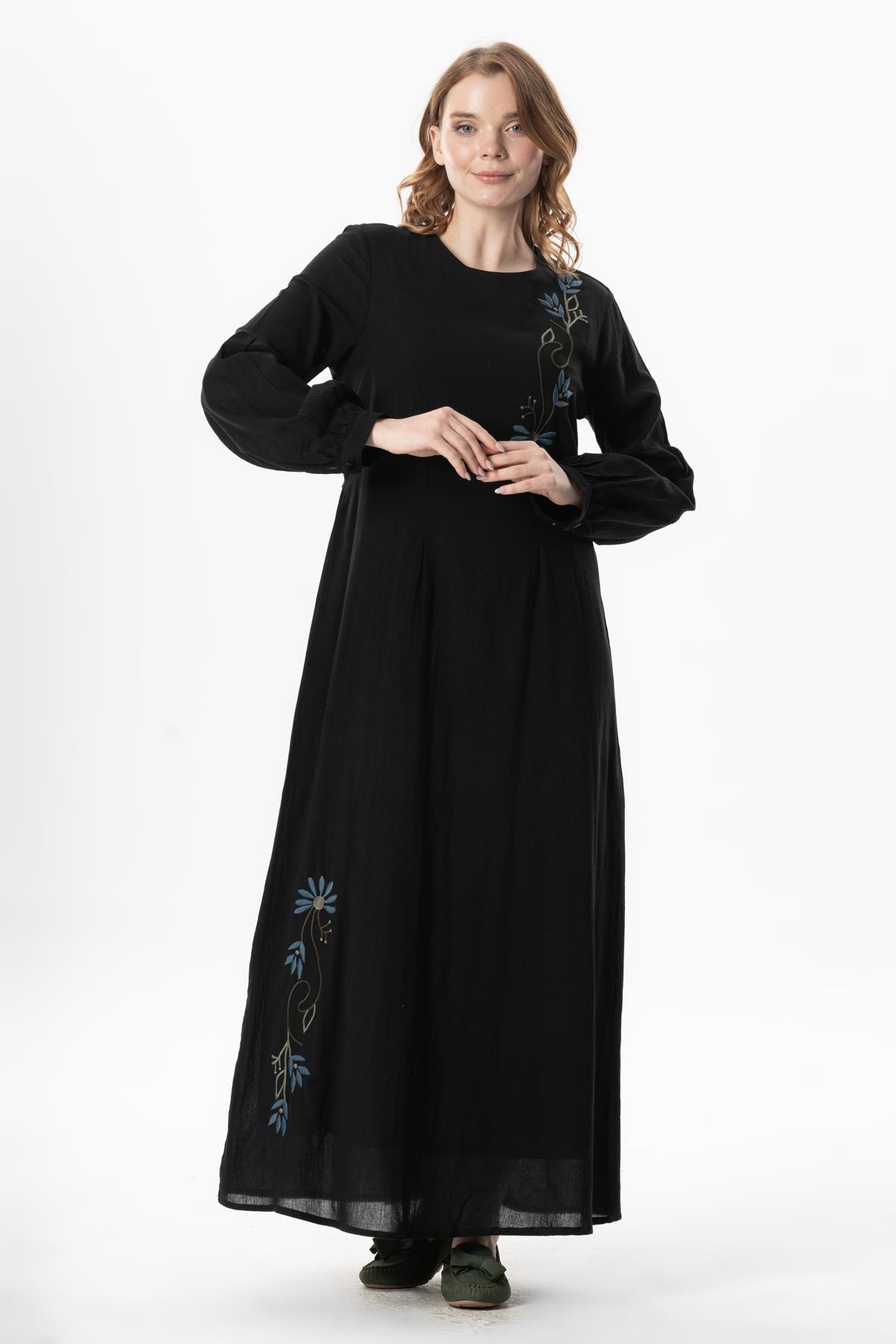 Uzun Kol Şile Bezi Gülşah Bisiklet Yaka Nakışlı Uzun Yazlık Elbise Siyah Syh