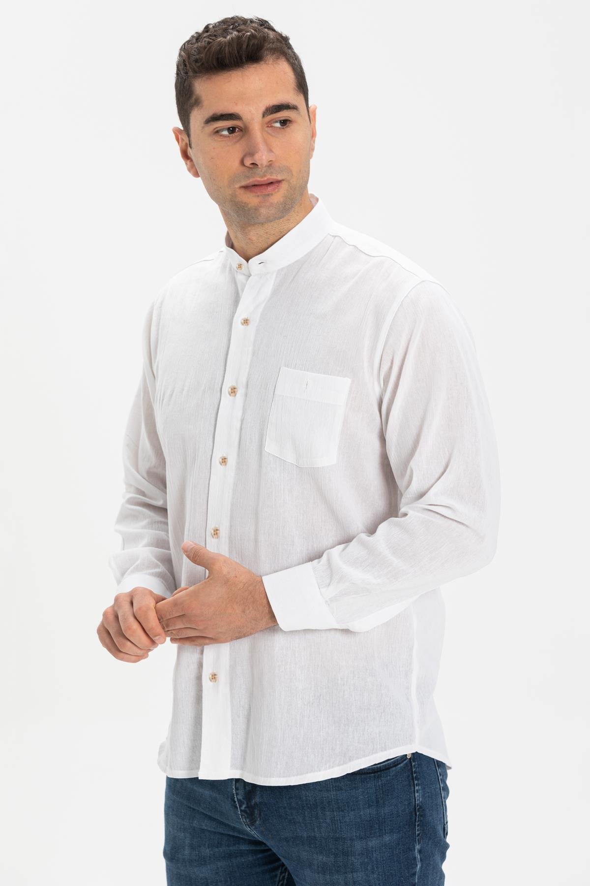 Long Sleeve Sile Fabric Judge  Collar Men Shirt White