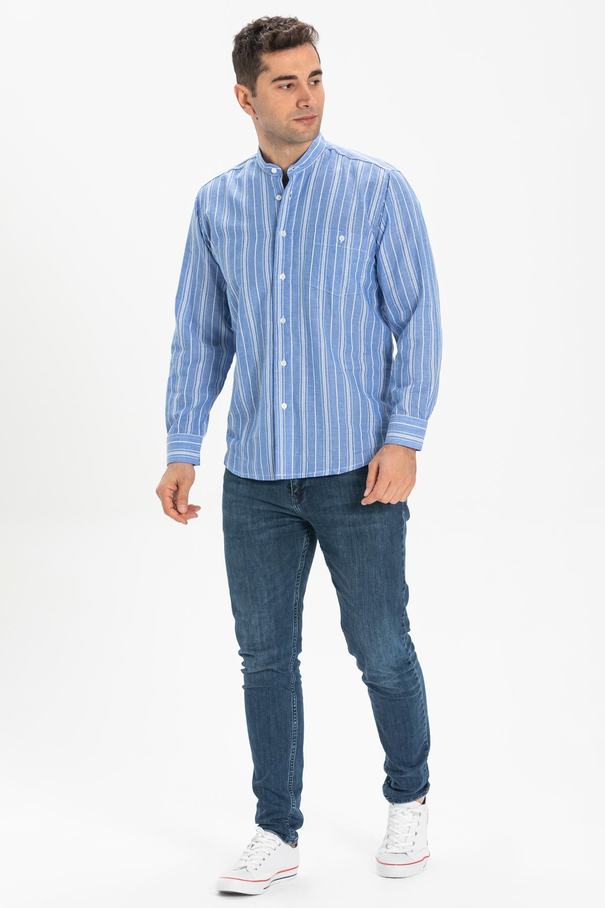 Long Sleeve Sile Fabric Judge Collar Men Shirt Blue White Striped