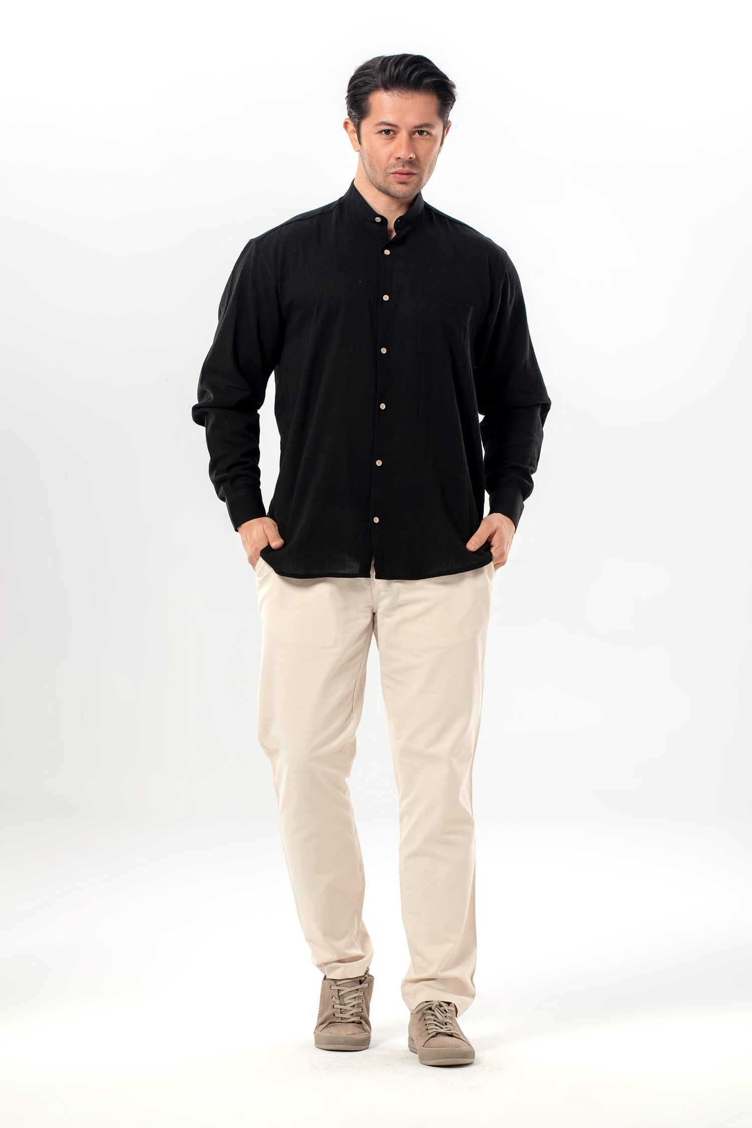 Uzun Kol Şile Bezi Hakim Yaka Tek Cepli Erkek Yazlık Gömlek Siyah 3003