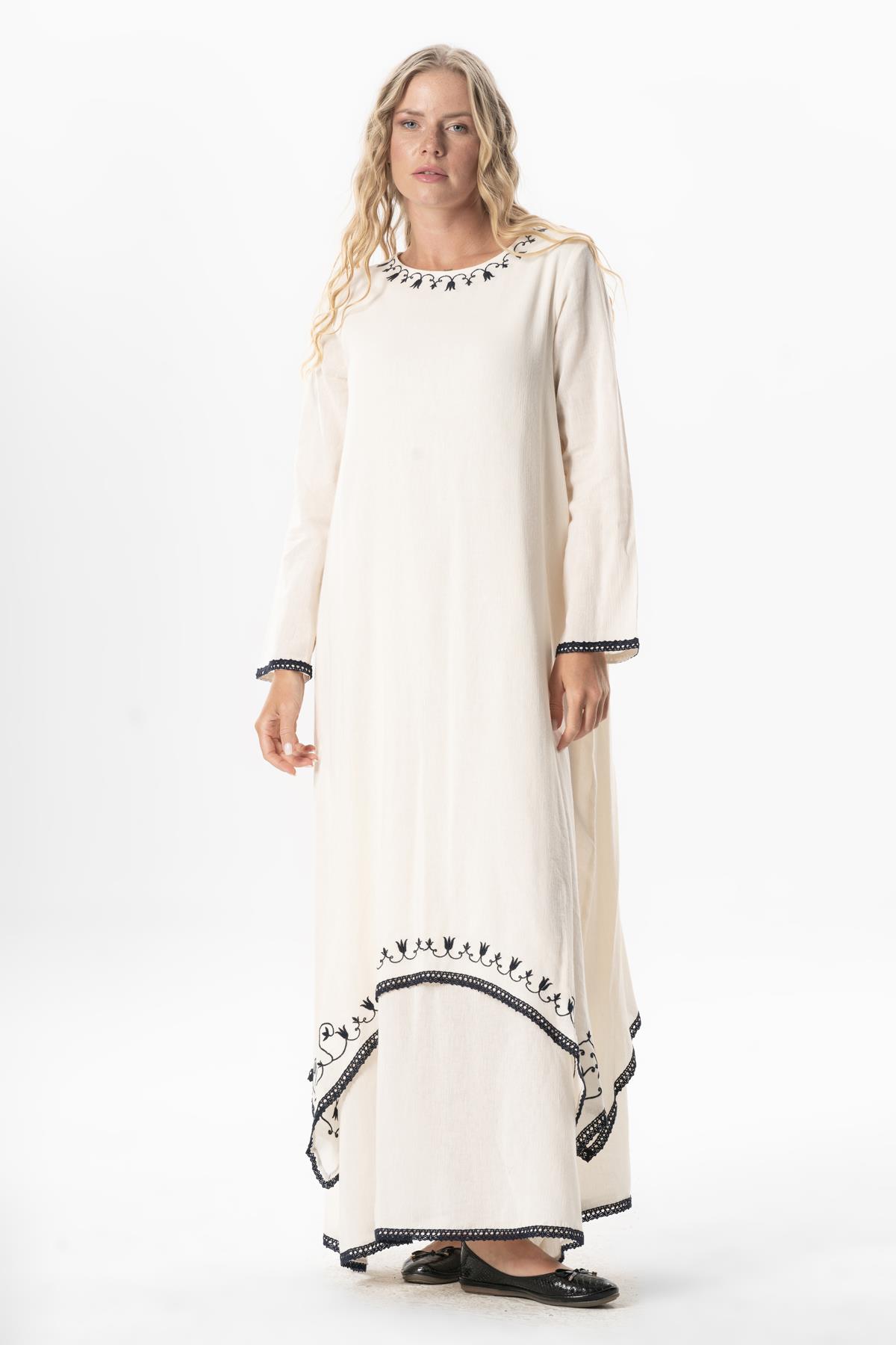 Uzun Kol Şile Bezi Lerzan Oval Yaka Nakışlı Yazlık Elbise Krem Krm