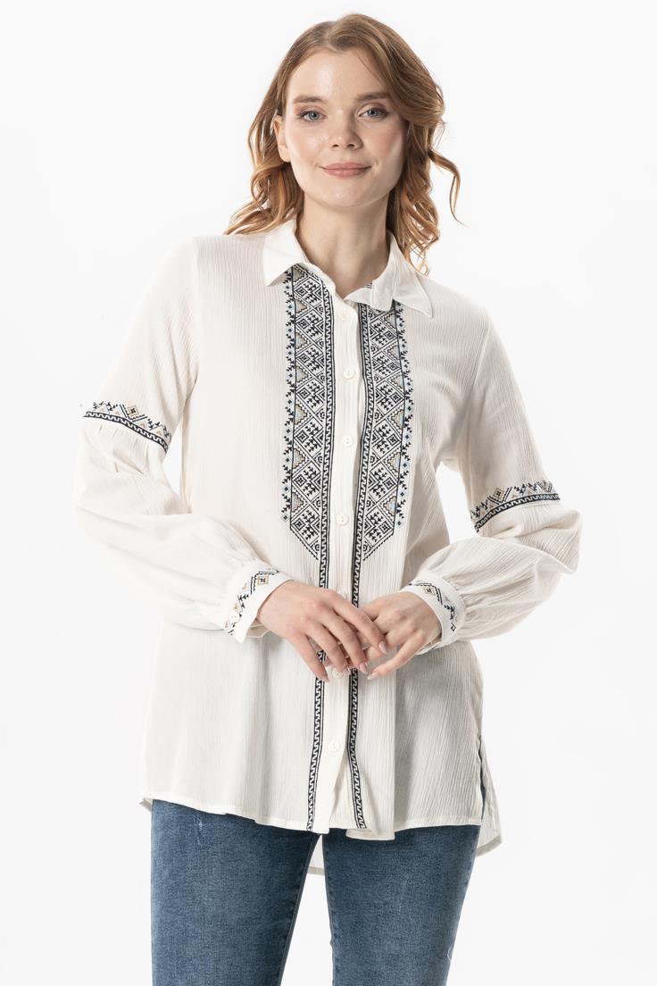 Long Sleeve Sile Cloth Maviş Embroidery Embroidered Summer Shirt Cream