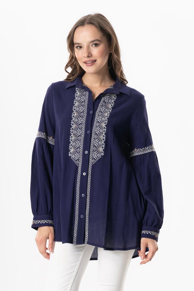 Uzun Kol Şile Bezi Maviş Nakış İşlemeli Yazlık Gömlek Mor Mor