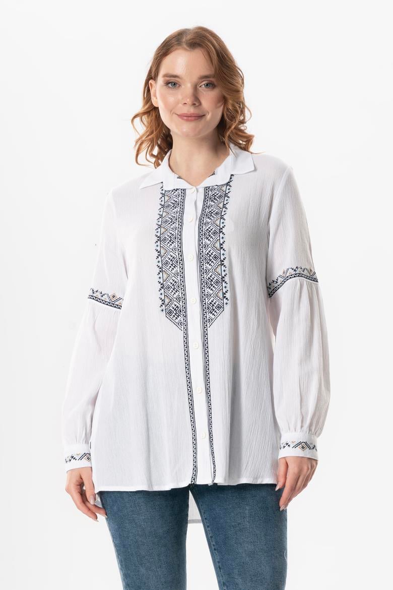 Uzun Kol Şile Bezi Maviş Nakış İşlemeli Yazlık Gömlek Beyaz Byz