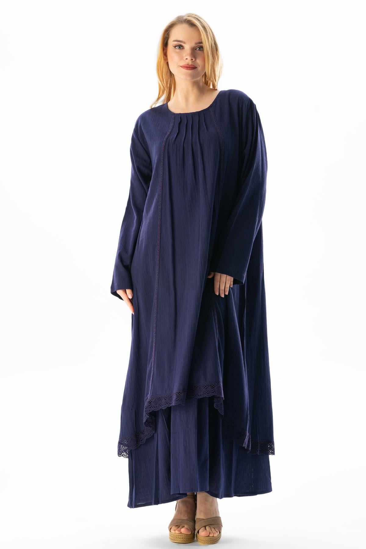 Long Sleeve Şile Fabric Nervürlü Long Dress Purple