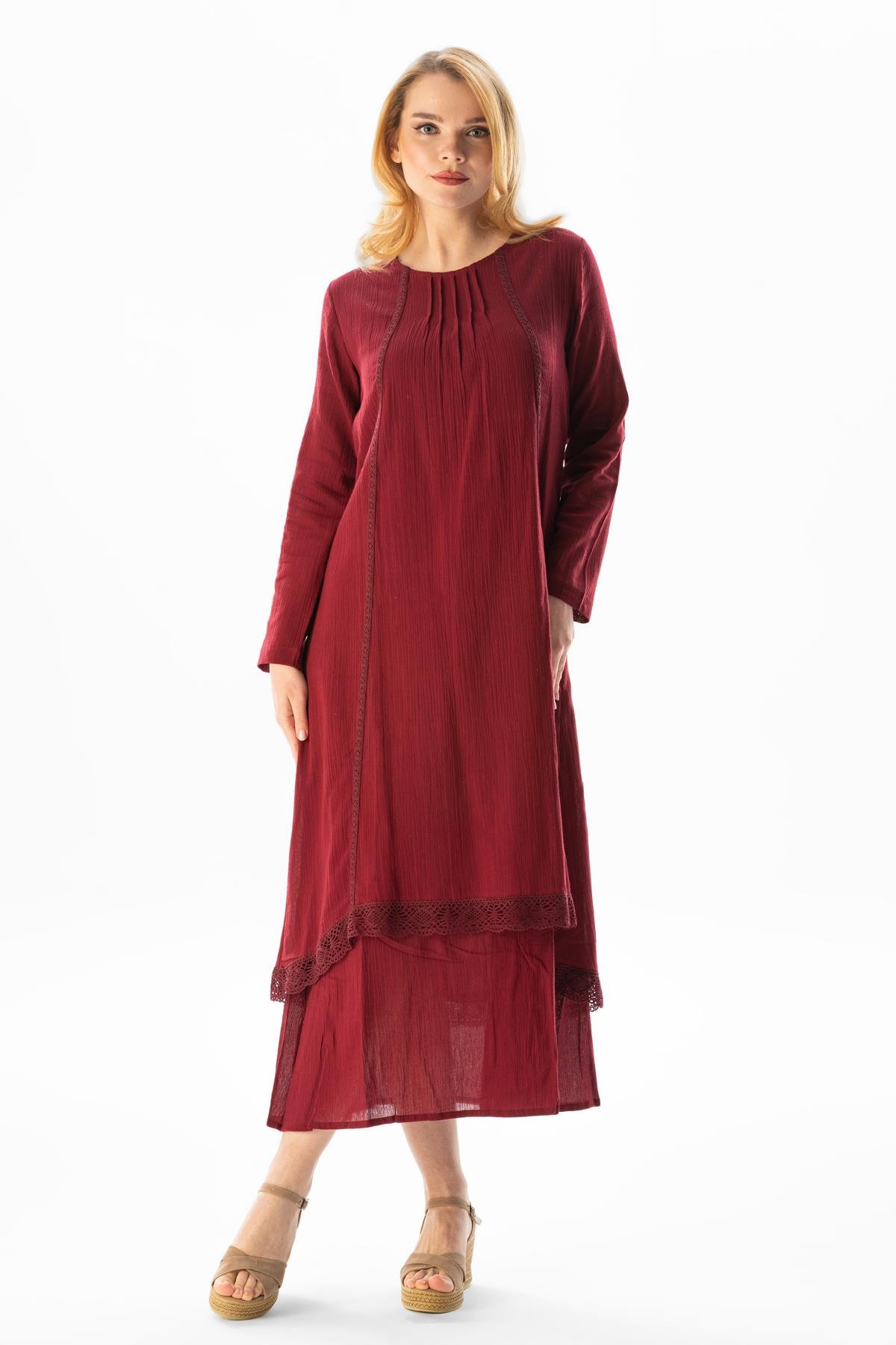 Long Sleeve Şile Fabric Nervürlü Long Dress Claret Red
