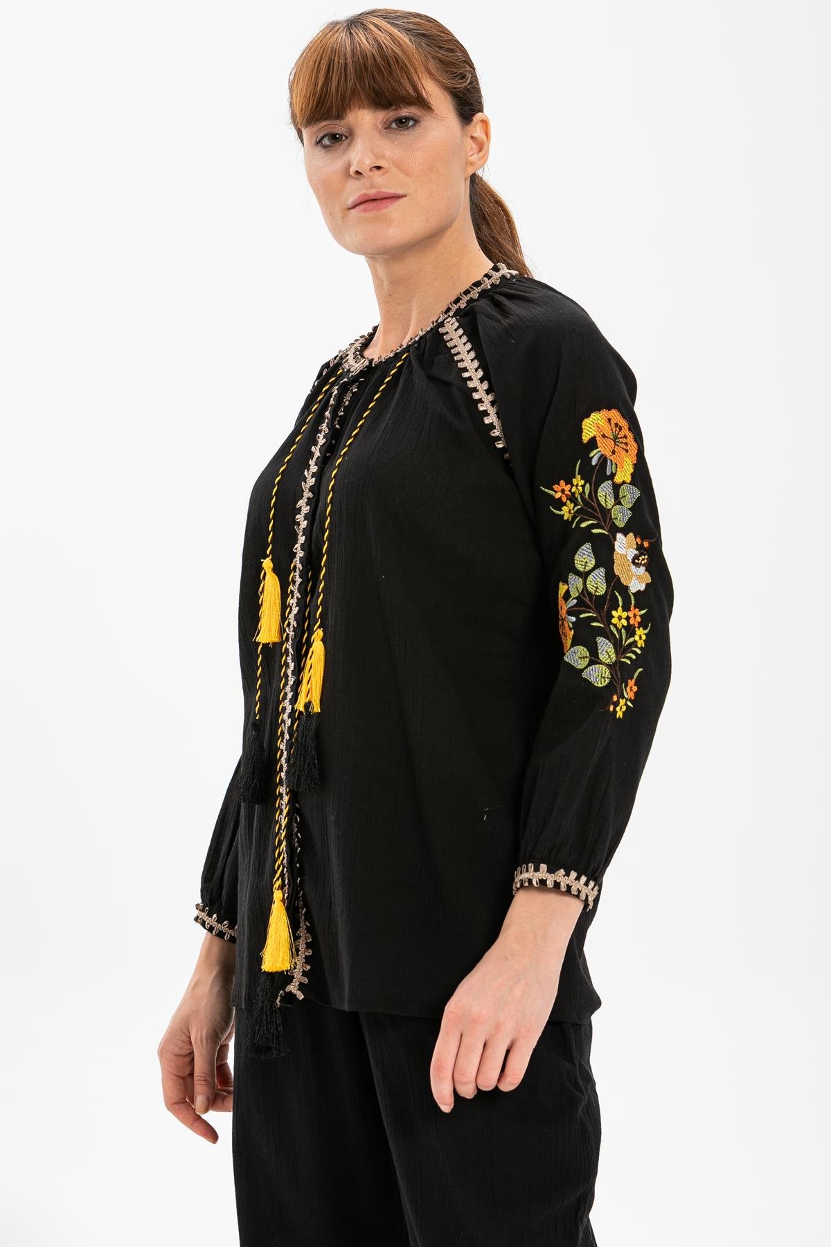Uzun Kol Şile Bezi Nigar Bluz Siyah Syh
