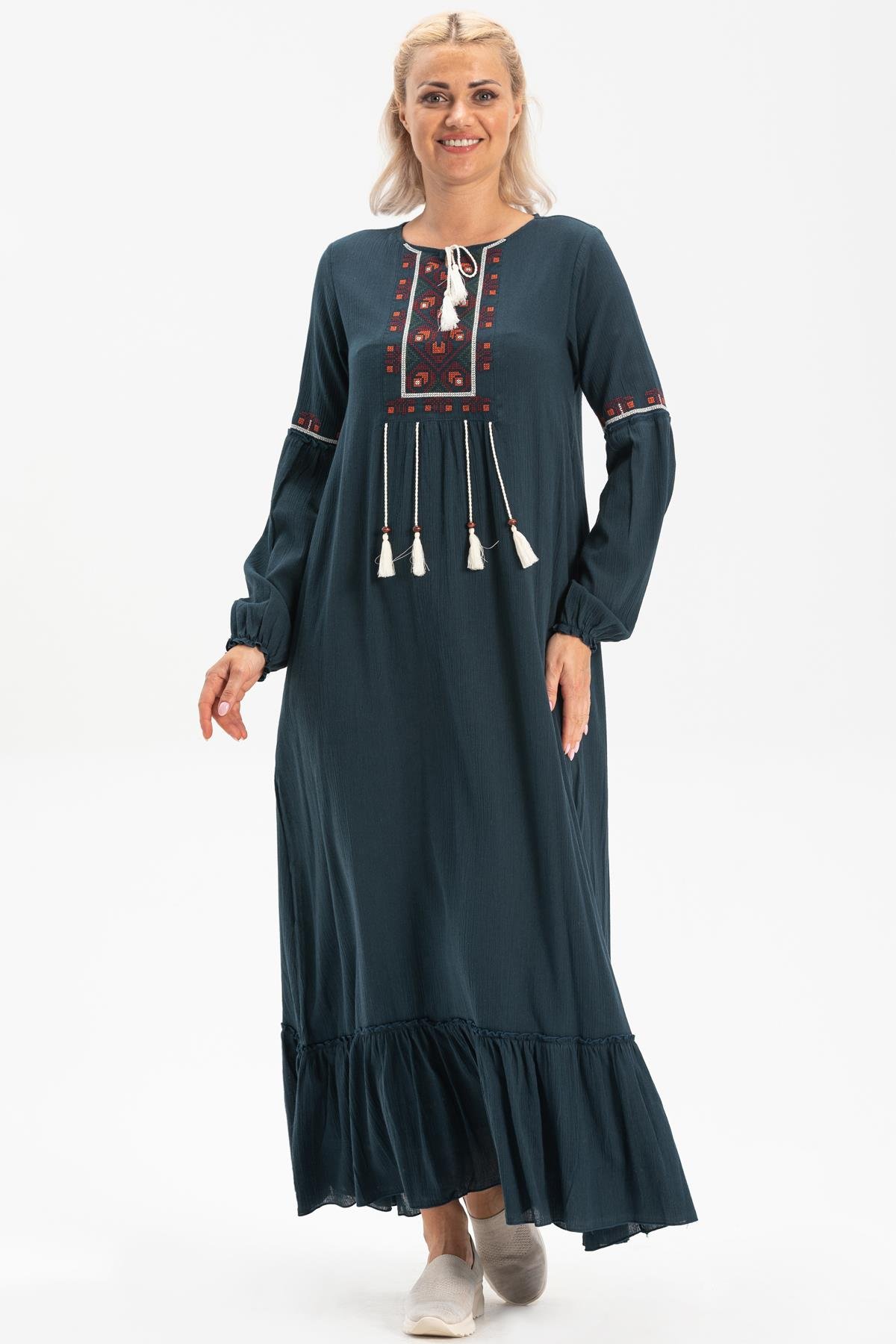 Uzun Kol Şile Bezi Seher Uzun Elbise Petrol Ptrl