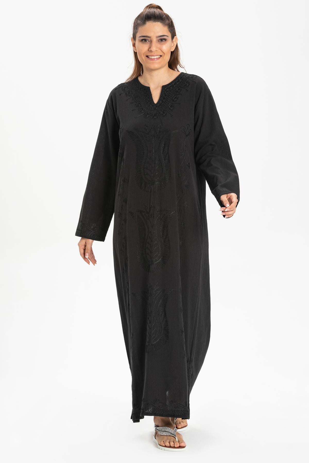 Uzun Kol Şile Bezi Simli Kaftan Midi Boy Elbise Siyah Syh