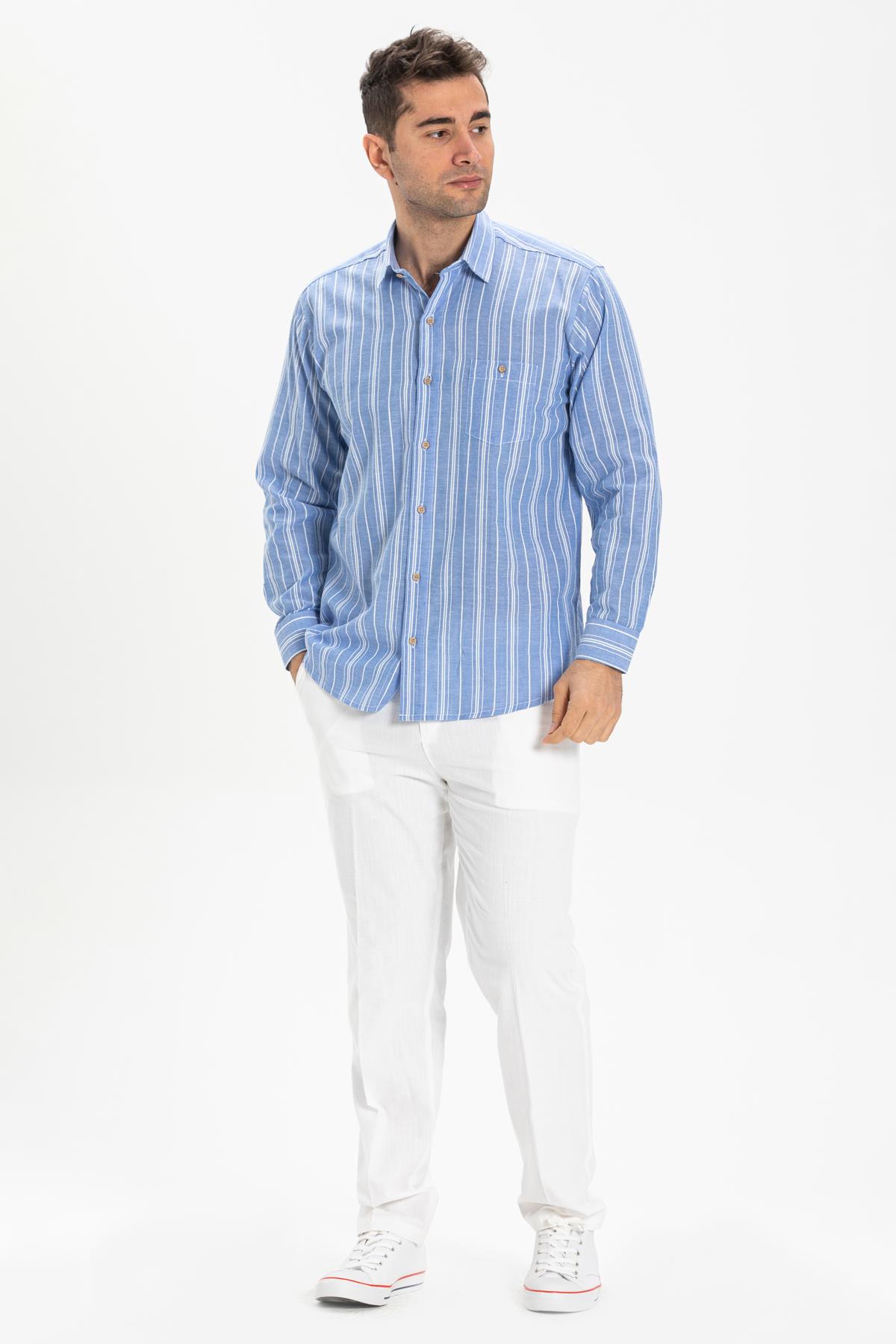 Uzun Kol Şile Bezi Tek Cepli Erkek Gömlek Mavi Beyaz Çizgili 3019