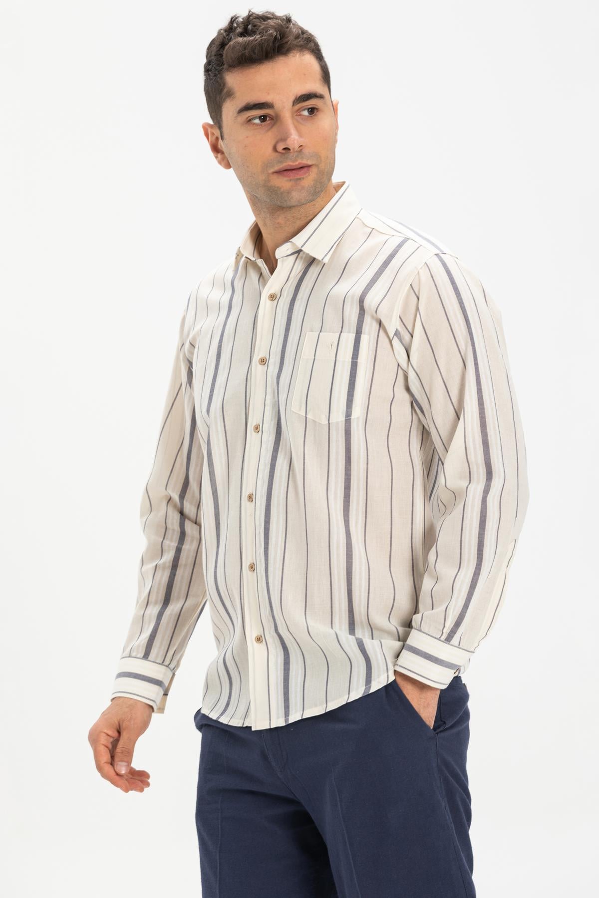 Long Sleeve Sile Fabric Men Shirt Cream Striped