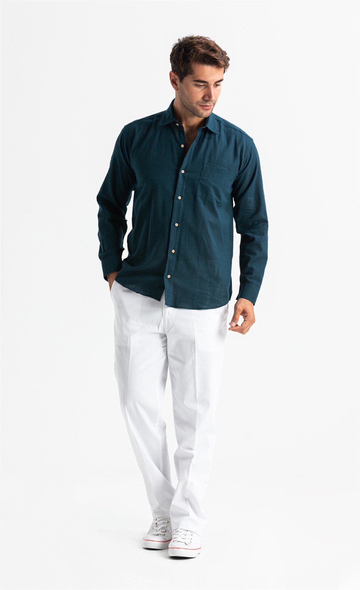 Uzun Kol Şile Bezi Tek Cepli Erkek Gömlek Koyu Petrol 3069